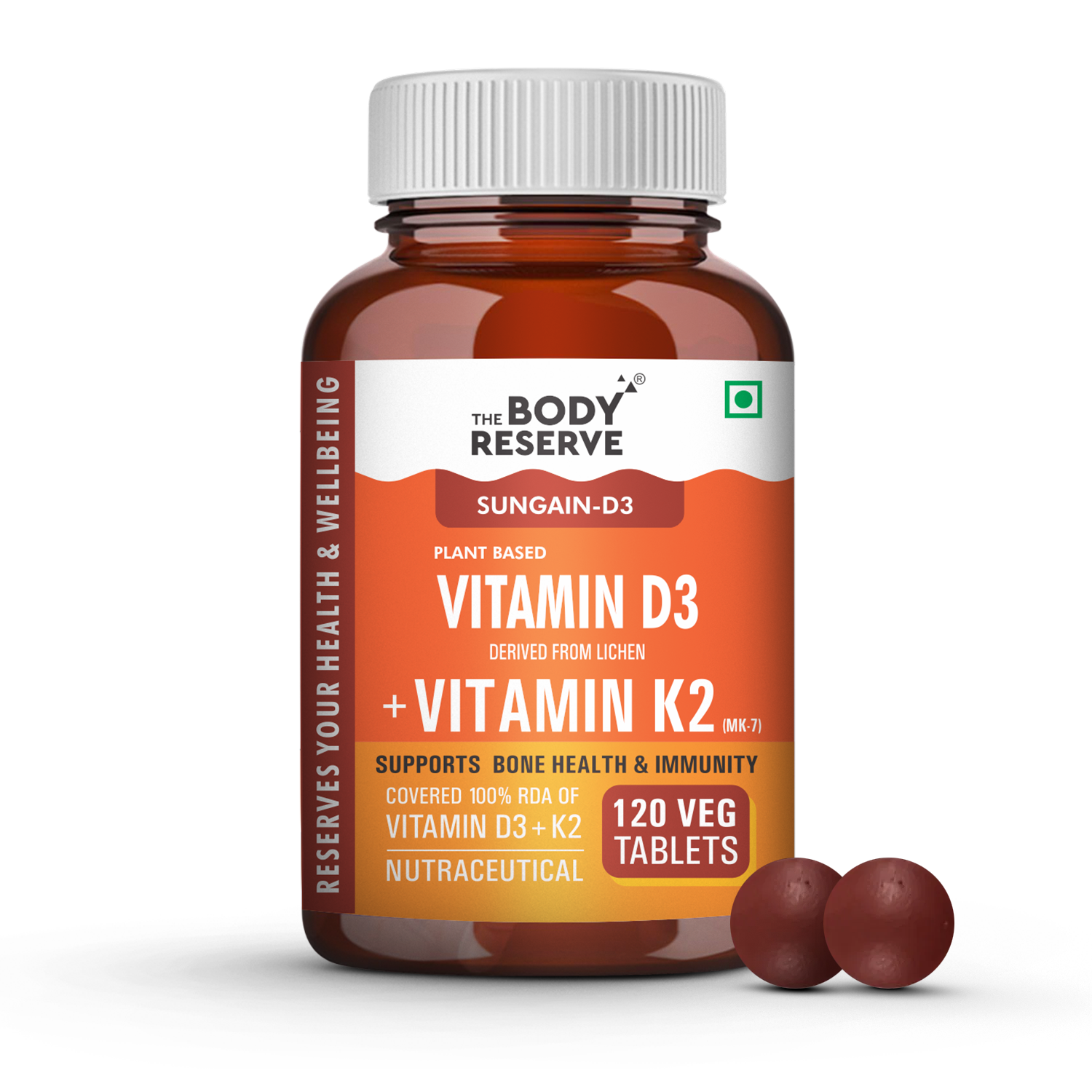 The Body Reserve Vitamin D3 K2 MK7 - 120 Veg Tablets, 100% RDA Plant-Based Vitamin D3 Supplement from Lichen Source with Vitamin K2 as MK7 Menaquinone