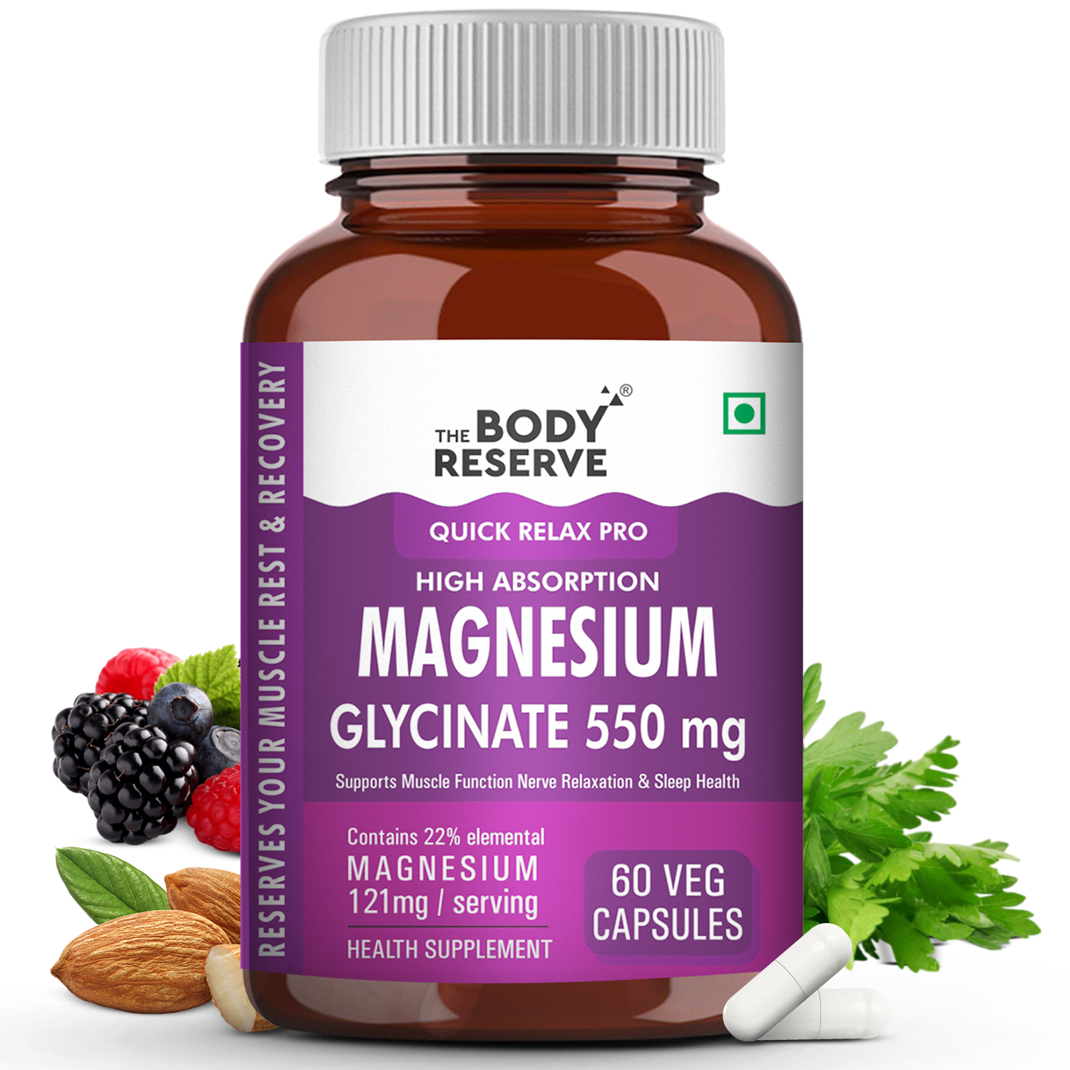 The Body Reserve Magnesium Glycinate Supplement - 60 Veg Tablets, 550mg Per Serving, High Absorption Chelated Form - Supports Muscle & Nerve Health, Promotes Relaxation for Men & Women