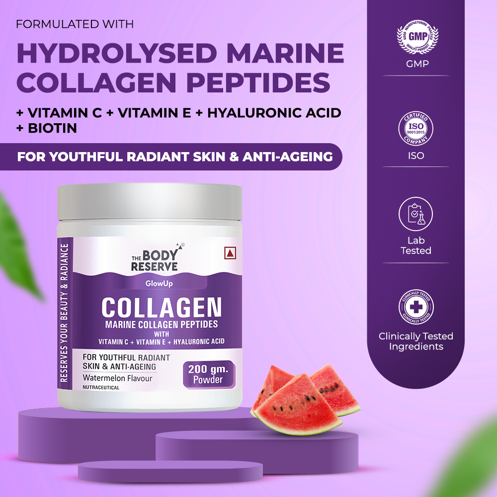 The Body Reserve Marine Collagen Supplement For Men, Women (Watermelon - 200g) With Sodium Hyaluronate, Vitamin C, E & Biotin, High Absorption Marine Collagen Peptides For Healthy Skin, Hair & Nails, 1 count, 25 Servings