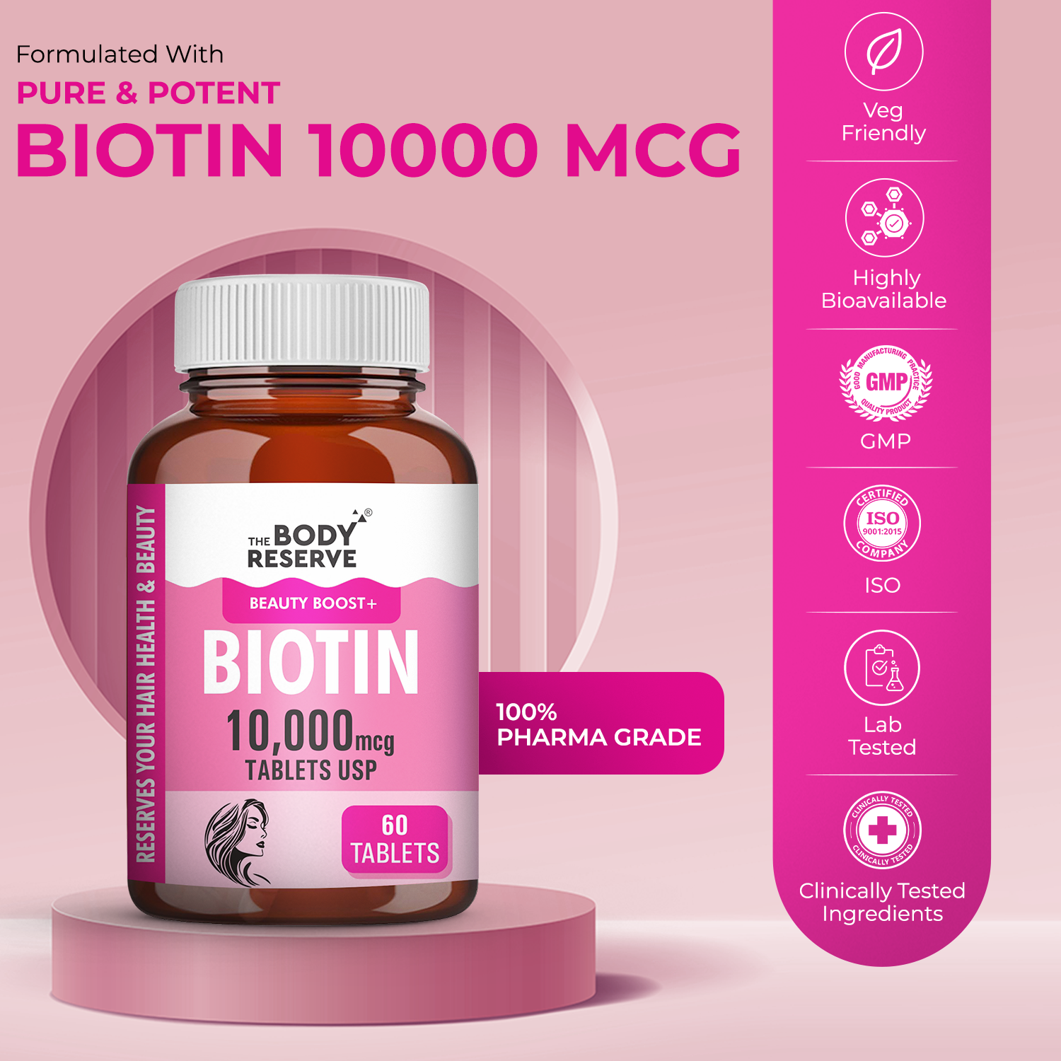The Body Reserve Biotin 10000mcg Tablets -60 Veg Tablets, Biotin Tablets For Hair Growth, Skin & Nails, Hair Vitamins  Biotin Supplement For Men & Women  2 Month’s Supply Pack