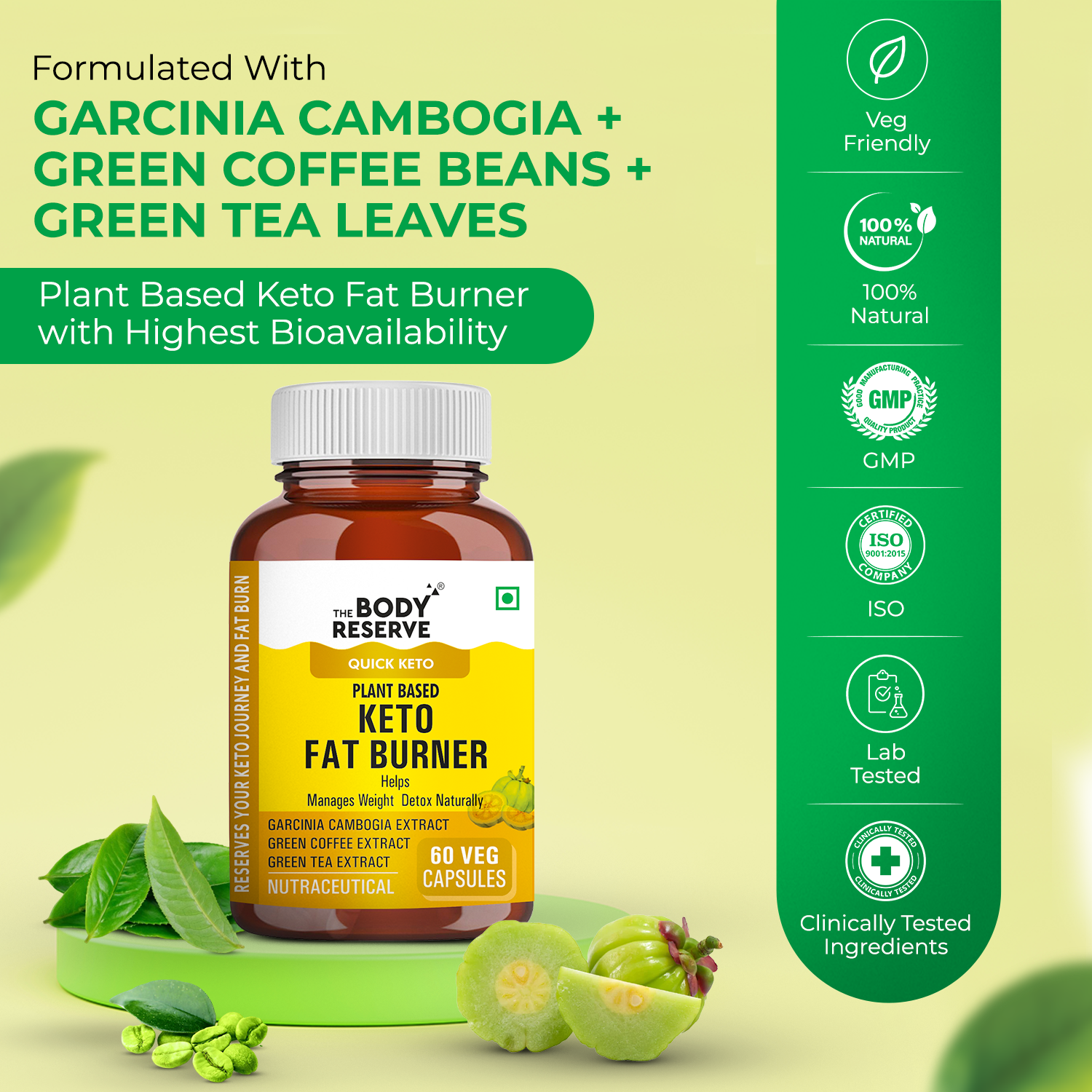 The Body Reserve Keto Fat Burner - 60 Veg Capsules, Weight Loss Supplement With 1000mg of Garcinia Cambogia, Green Coffee & Green Tea Extract - Metabolism Support - Plant-Based, Gluten-Free