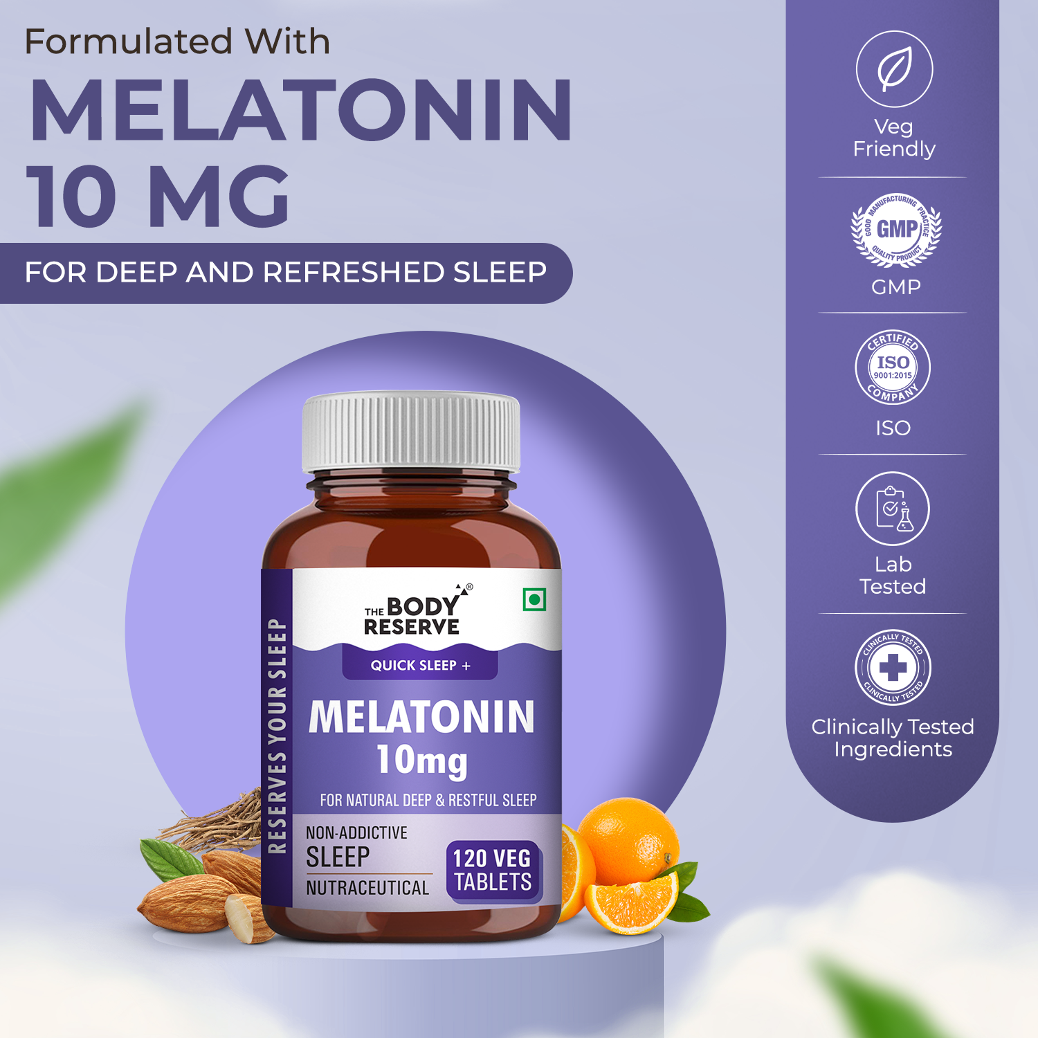 The Body Reserve Melatonin 10mg - 120 Veg Tablets for Sleep Support, Nerve Relaxation, and Stress Relief - Non-Habit Forming for Men & Women