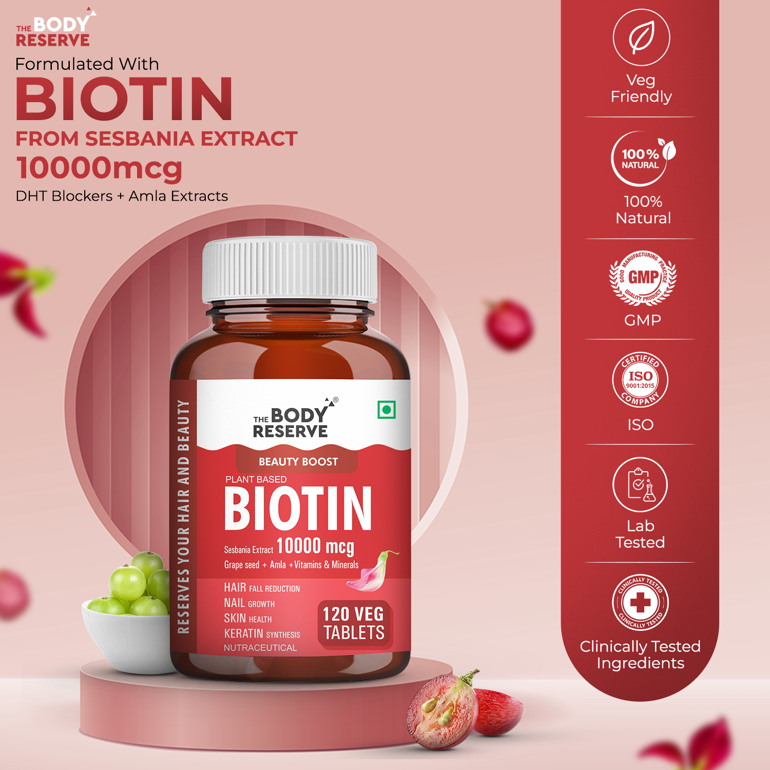 The Body Reserve Plant-Based Biotin Tablets - 120 Veg Tablets, 10,000 mcg Biotin from Sesbania Extract with Amla, Grapeseed & Hair Multivitamins - Biotin for Hair Growth, Strong Hair, Glowing Skin & Nails - For Men & Women