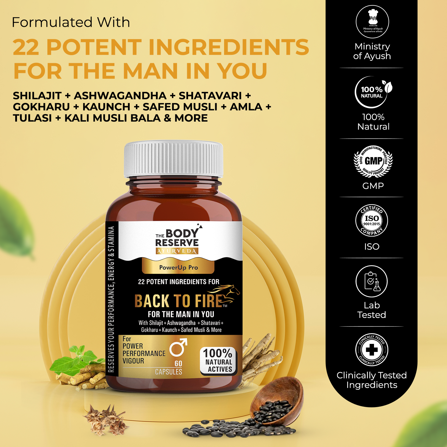 The Body Reserve Ayurveda Back To Fire Capsules For Men With 22 Ayurvedic Herbs Blend for Stamina, Strength & Vitality  With Ashwagandha, Shilajit, Safed Musli, Gokshura & More  60 Vegetarian Capsules