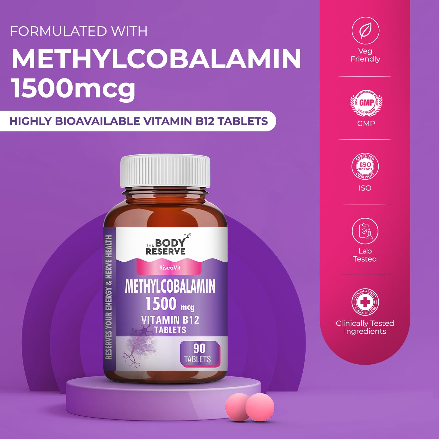 Vitamin B12 Tablets 1500mcg as Methylcobalamin 90 Veg Tablets (3 Months Supply Pack)