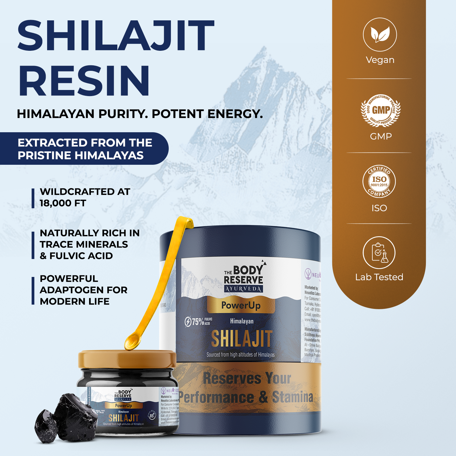 The Body Reserve Shilajit Resin 75% Fulvic Acid – Pure Himalayan, High-Altitude Extract, Certified Lab Tested, Energy, Stamina & Immunity Booster, Purified by Traditional Ayurvedic ‘Shodhan’ Method, 20g