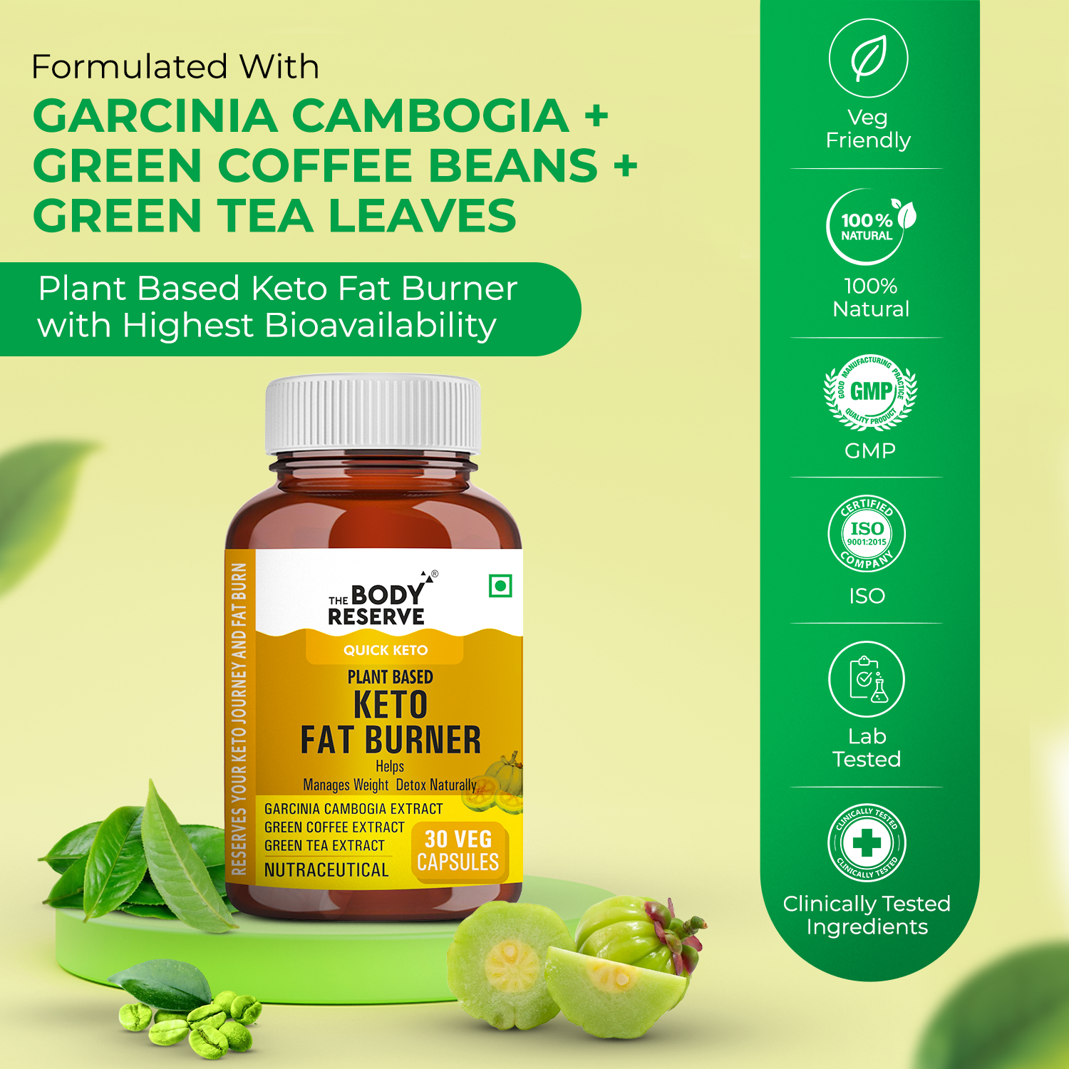 The Body Reserve Keto Fat Burner - 30 Veg Capsules, Weight Loss Supplement With 1000mg of Garcinia Cambogia, Green Coffee & Green Tea Extract - Metabolism Support - Plant-Based, Gluten-Free