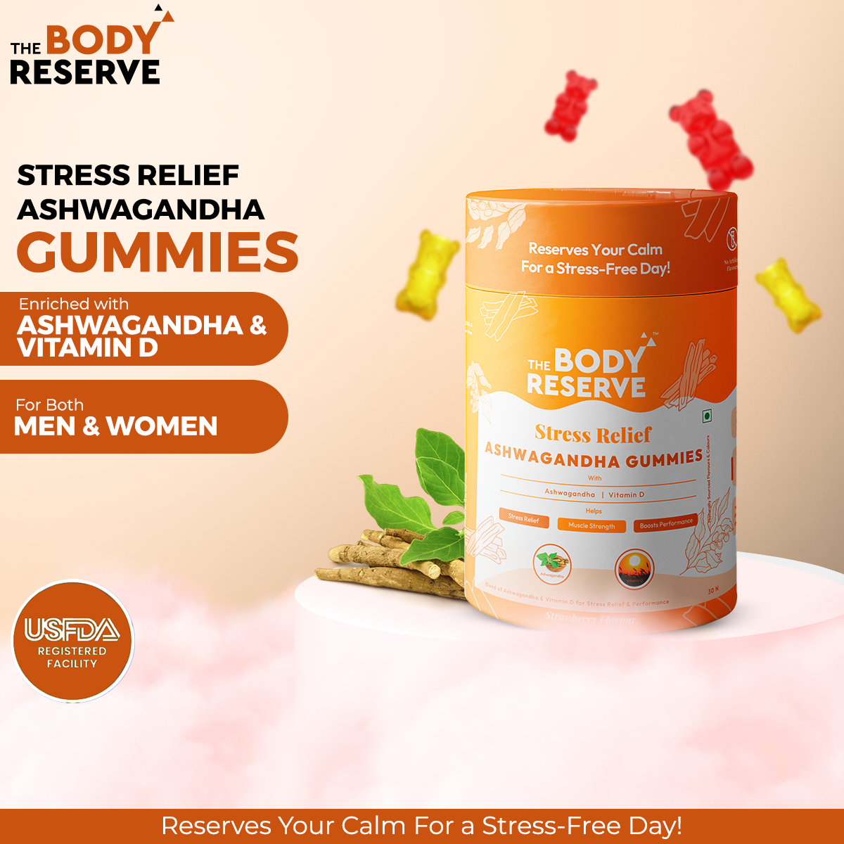 The Body Reserve Strawberry Flavour Ashwagandha Gummies with Natural, Potent Ashwagandha and Vitamin D for Men Women Help reduce Stress, Anxiety and improve Sleep (Pack of 2, 60 Count)