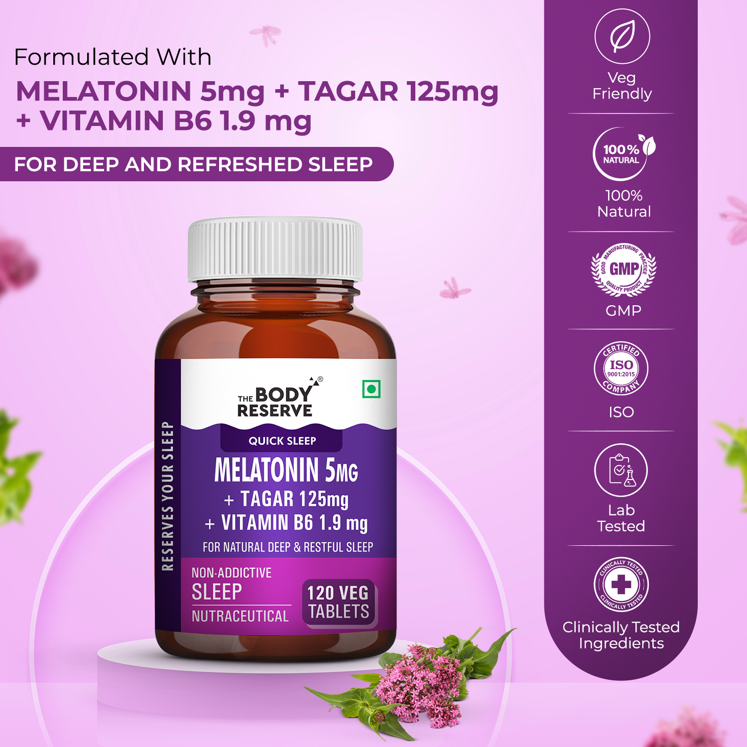The Body Reserve Melatonin 5mg with Tagar 125mg - 120 Veg Tablets for Natural Sleep Aid, Muscle Recovery, Nerve Relaxation, and Stress Relief - Non-Habit Forming Sleep Aid for Men & Women