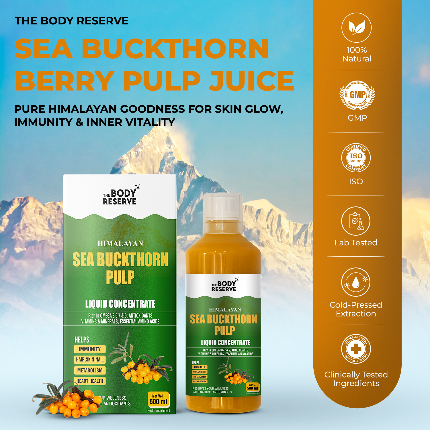 The Body Reserve Himalayan Sea Buckthorn Juice 500ml Berry Pulp Concentrate Makes 85 Glasses, Rich in Natural Vitamin C, Omega 3 6 7 9, Antioxidants for skin Glow, immunity Heart & Gut health support