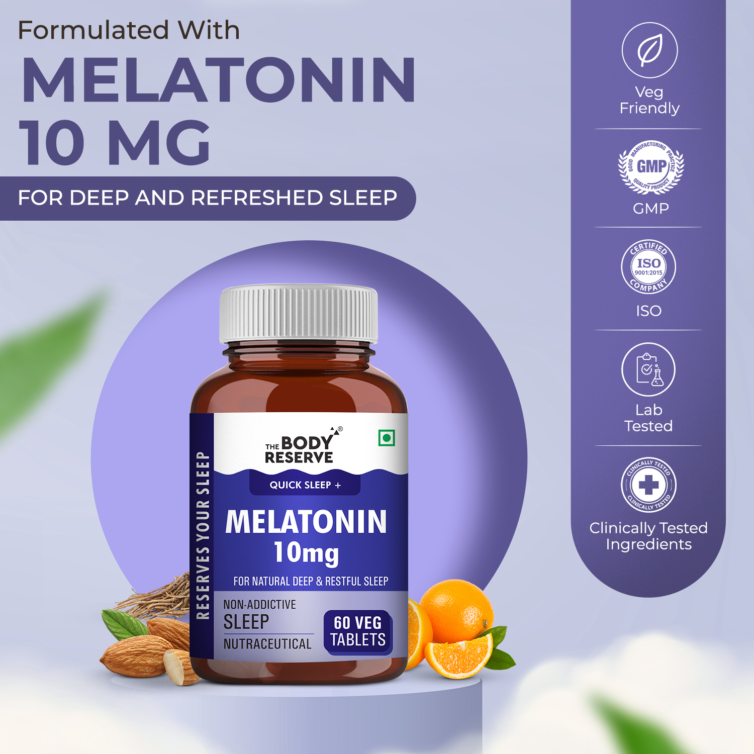 The Body Reserve Melatonin 10mg - 60 Veg Tablets for Natural Sleep Aid, Nerve Relaxation, Muscle Recovery, and Stress Relief - Non-Habit Forming Sleep Aid for Men & Women