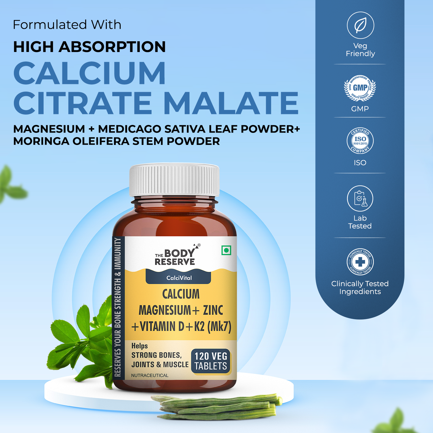 The Body Reserve Calcium, Magnesium, Zinc with Vitamin K2, MK7 & B12 – 120 Tablets for Bone & Joint Health (4-Month Pack)