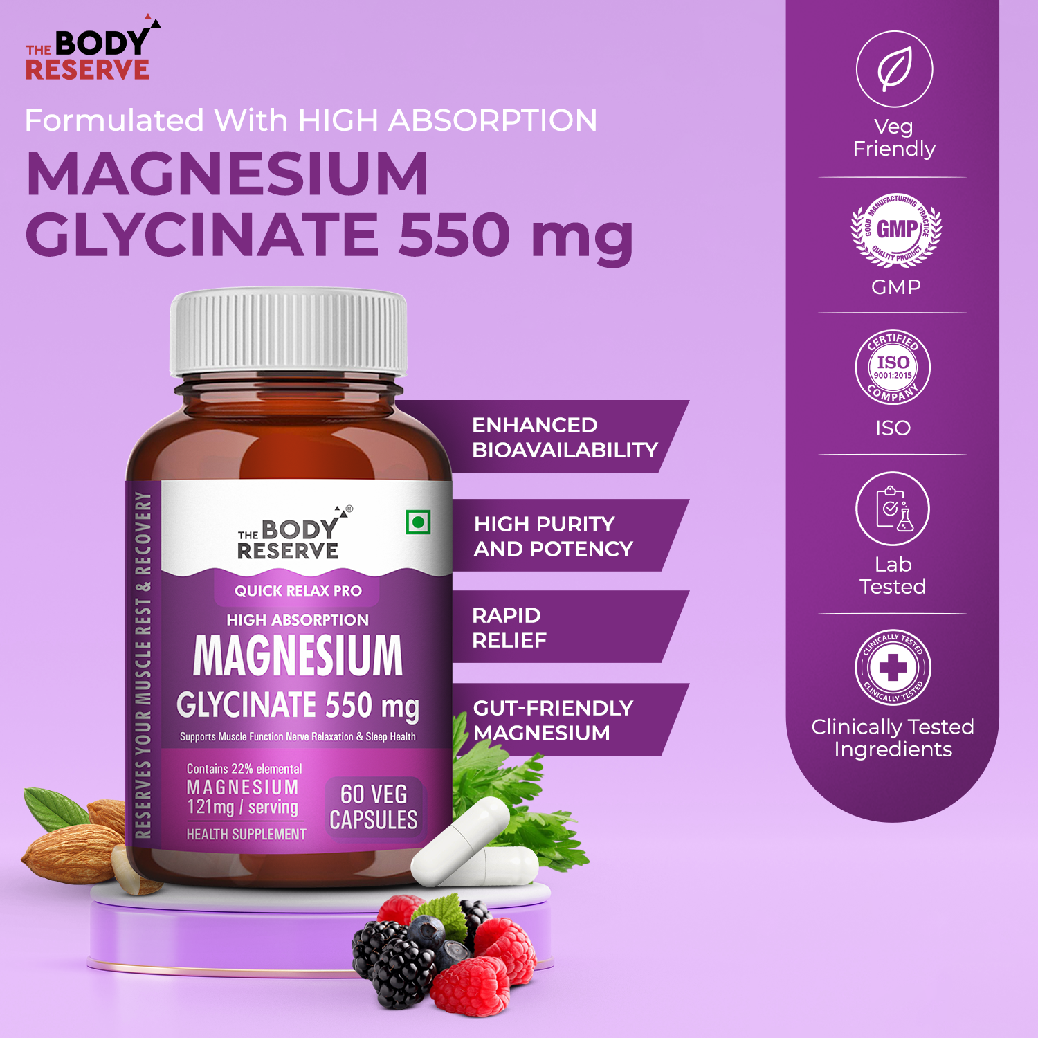 The Body Reserve Magnesium Glycinate Supplement - 60 Veg Tablets, 550mg Per Serving, High Absorption Chelated Form - Supports Muscle & Nerve Health, Promotes Relaxation for Men & Women