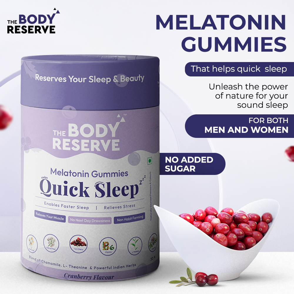 The Body Reserve Quick Sleep Melatonin Gummies for Unisex Natural Sleep Aid for Muscle Recovery Nerve & Relieves Stress Vegan Gluten-Free Pack of 2