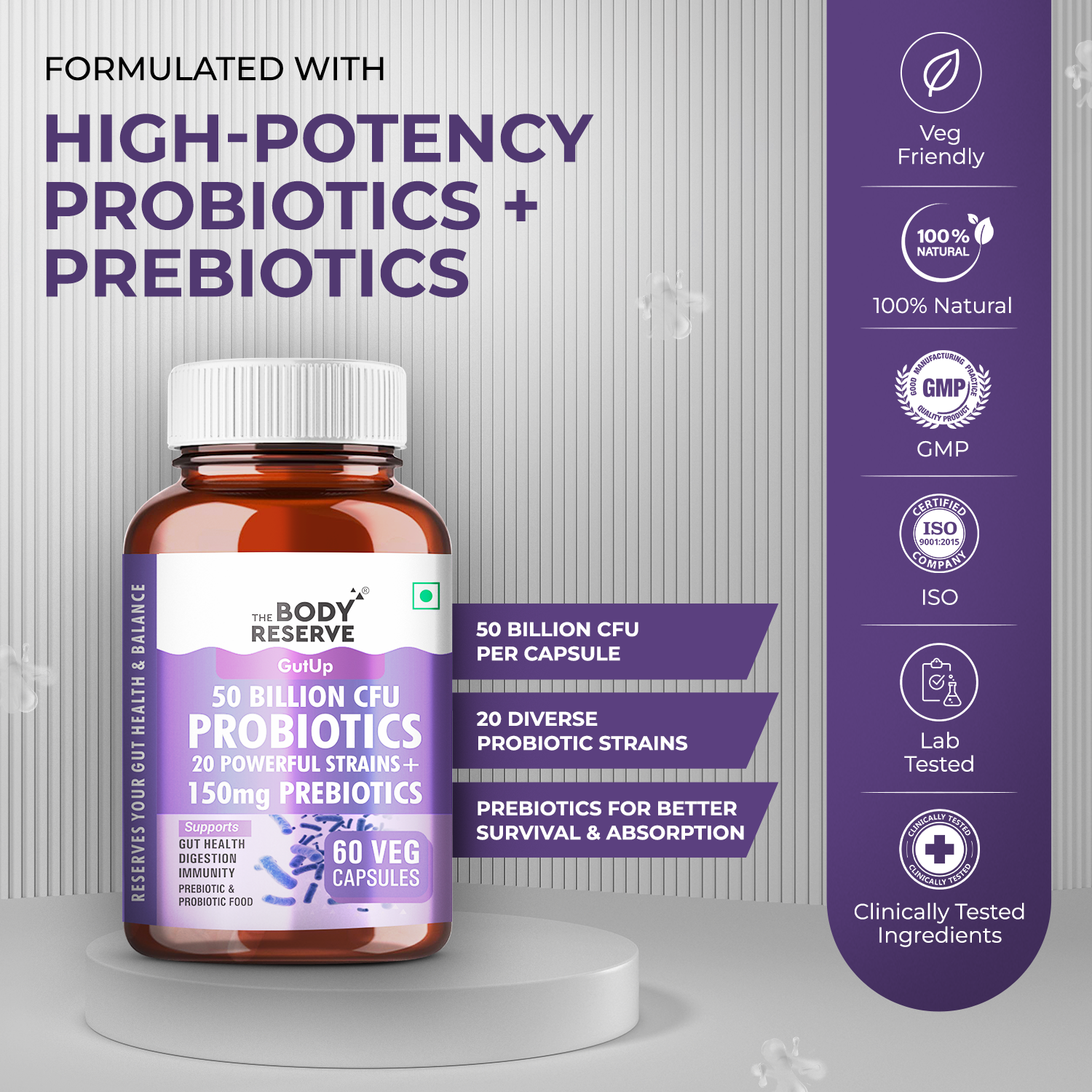 The Body Reserve Probiotics Supplement 50 Billion CFU Gut Health Supplements With Probiotics And Prebiotics Supports Digestion & Gut Cleanse-60 Capsules