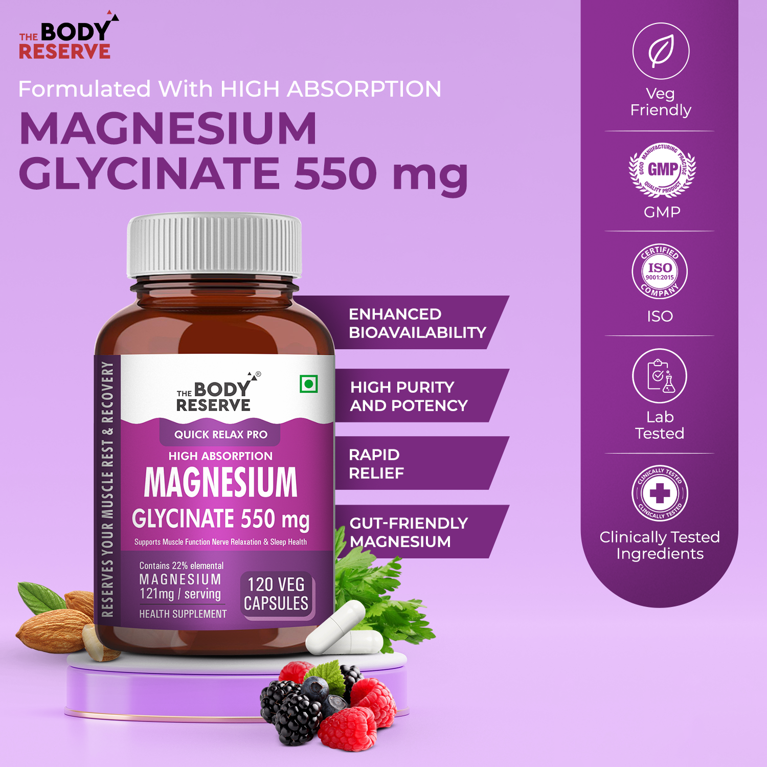 The Body Reserve Magnesium Glycinate Supplement - 120 Veg Tablets, 550mg Per Serving, High Absorption Chelated Form - Supports Muscle & Nerve Health, Promotes Relaxation for Men & Women