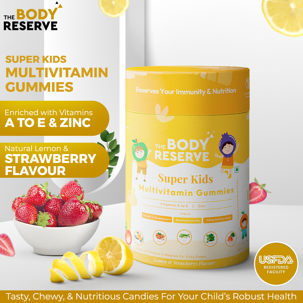The Body Reserve Super Kids Multivitamin Daily Essential Vitamins B C D E B12 & Zinc for Kids Growth Development Strong Bones Teeth & Immunity Lemon & Strawberry Flavoured 90 Gummies (Pack of 3)
