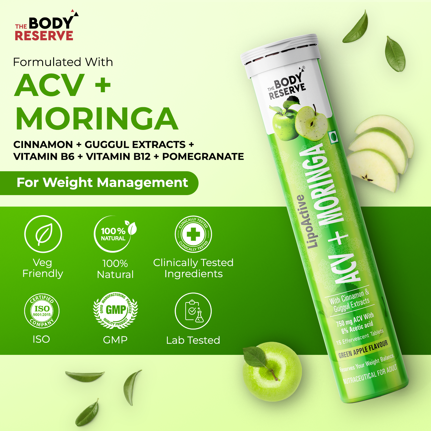 The Body Reserve ACV Moringa with Apple Cider Vinegar, cinnamon, for Control Carvings Supports Metabolism, Boosts Energy & Immunity Green Apple Flavor Pack of 6 (90 Tablets)