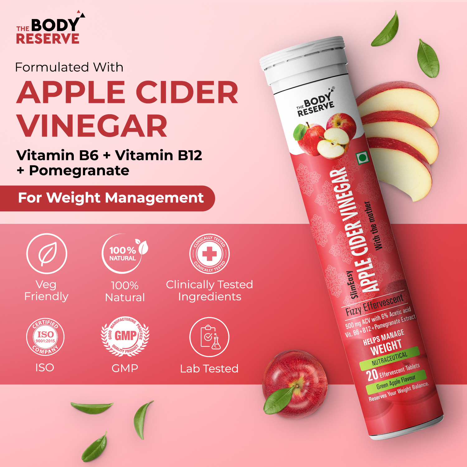 The Body Reserve Apple Cider Vinegar | 40 Effervescent Tablets, Pack Of 6 (Apple Flavour)
