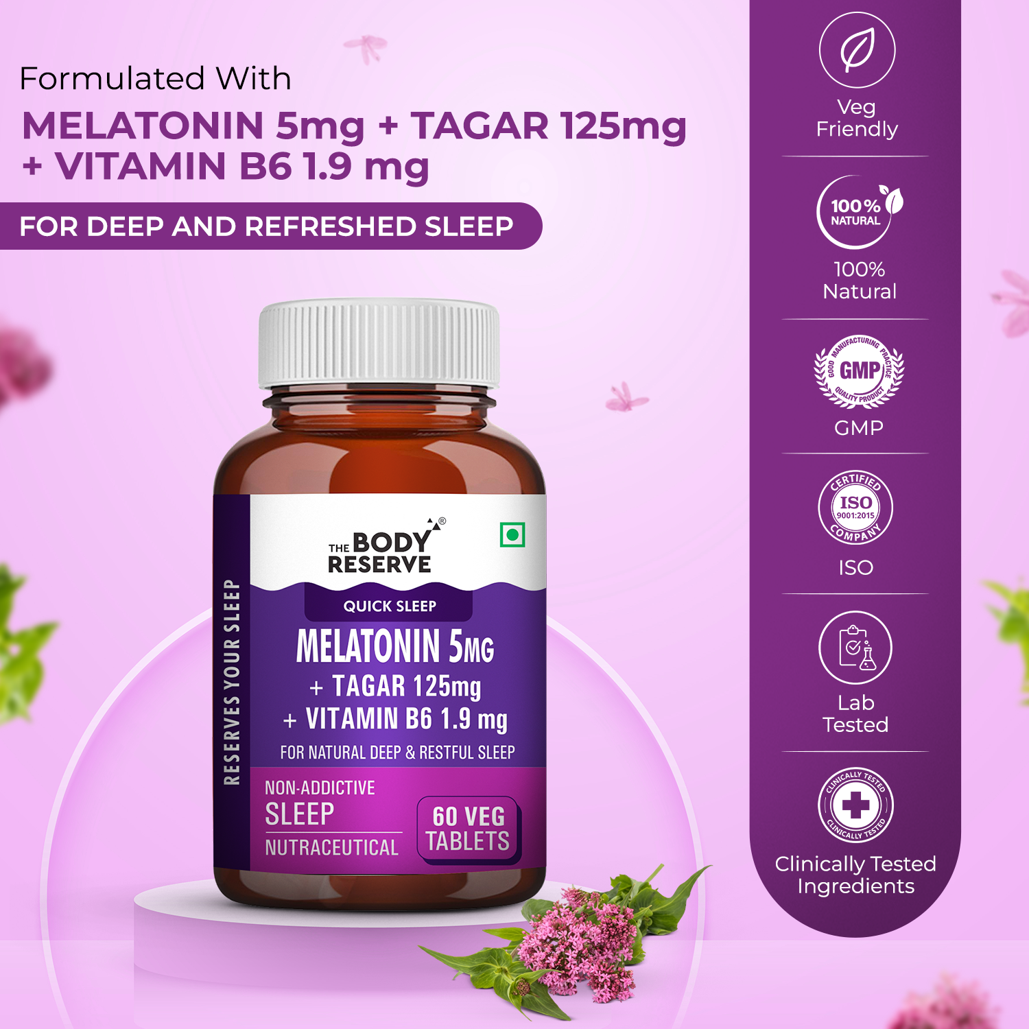 The Body Reserve Melatonin 5mg with Tagar 125mg - 60 Veg Tablets for Natural Sleep Aid, Muscle Recovery, Nerve Relaxation, and Stress Relief - Non-Habit Forming Sleep Aid for Men & Women