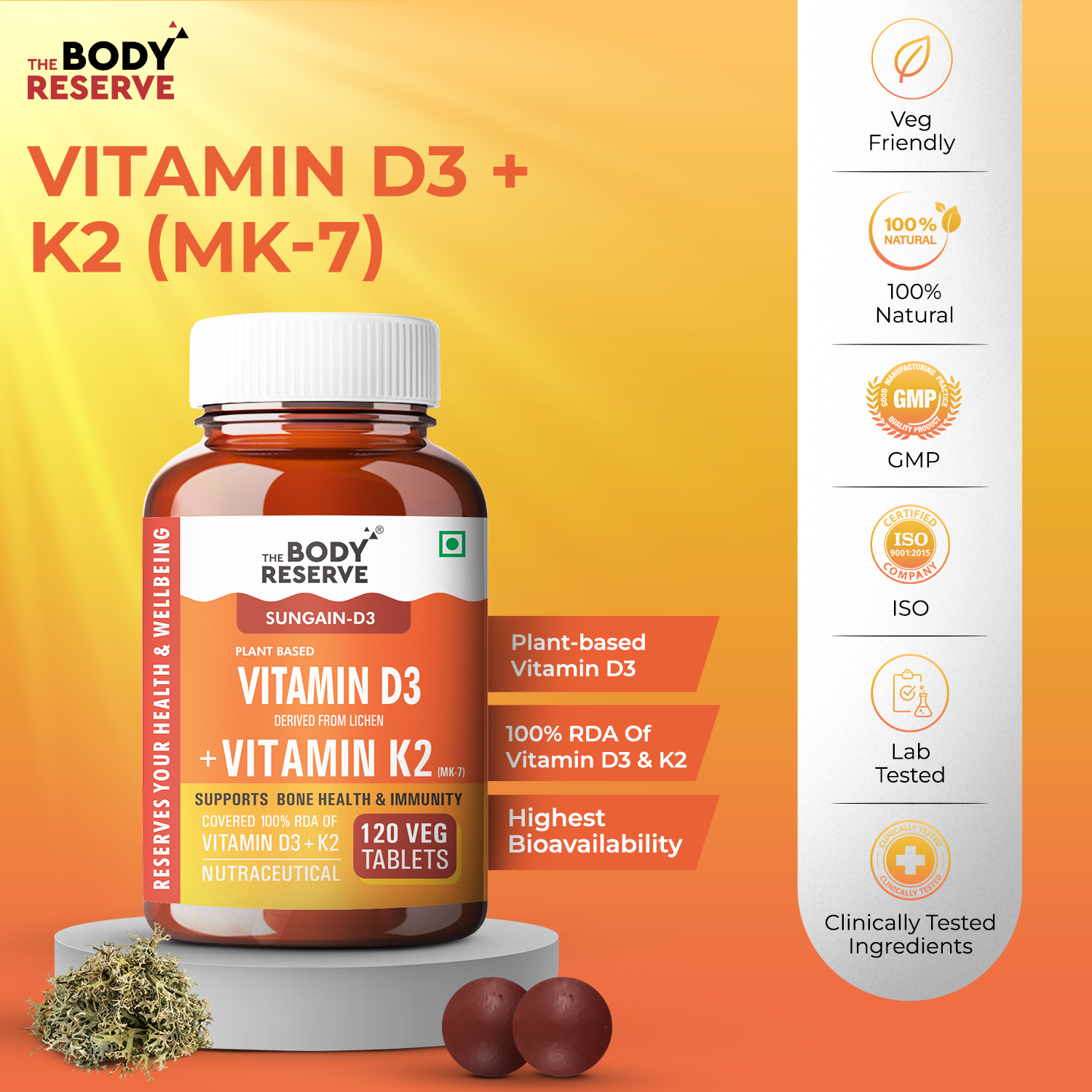 The Body Reserve Vitamin D3 K2 MK7 - 120 Veg Tablets, 100% RDA Plant-Based Vitamin D3 Supplement from Lichen Source with Vitamin K2 as MK7 Menaquinone