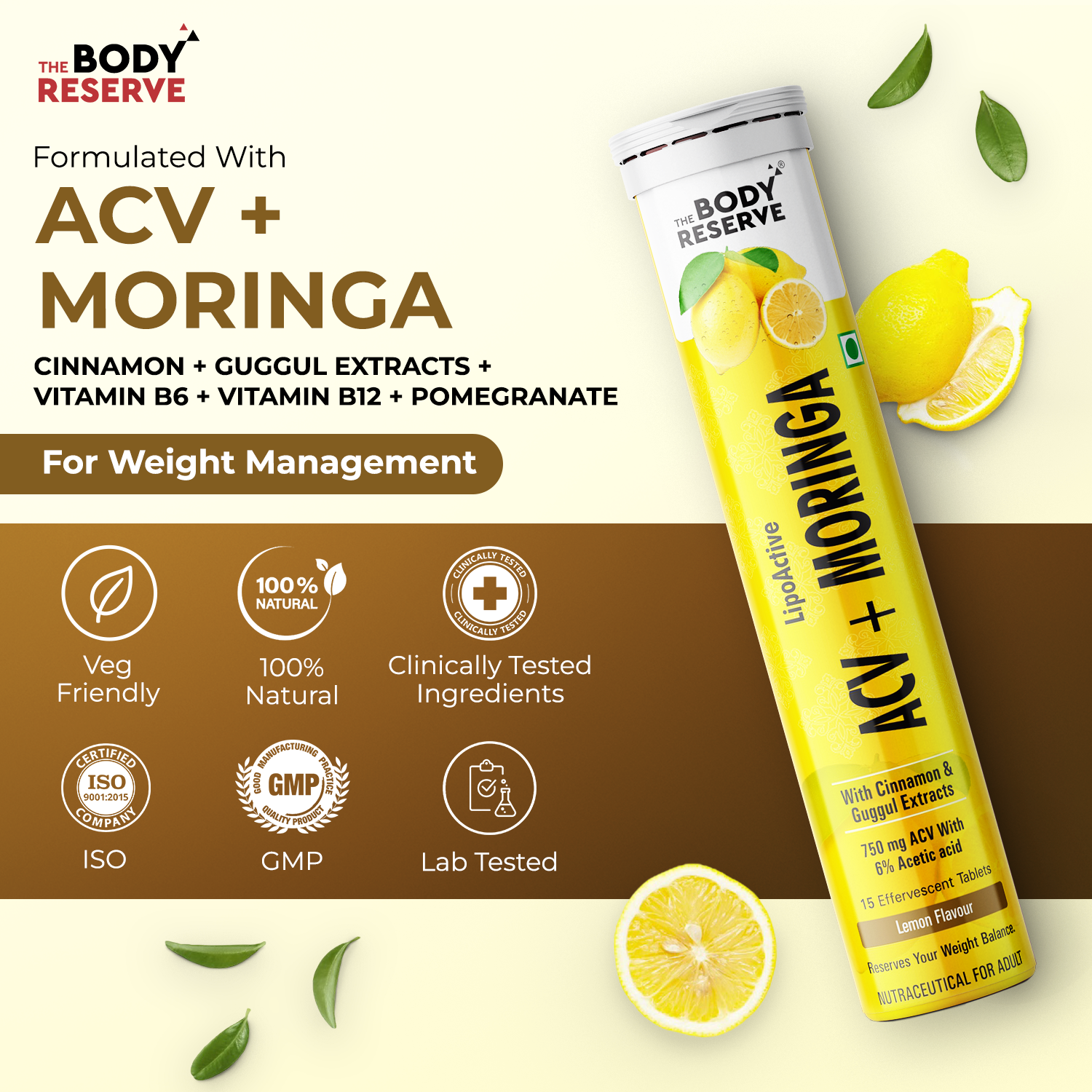 THE BODY RESERVE ACV Moringa effervescent (lemon)To Control Cravings,Apple Cider Vinegar,cinnamon  (15 Tablets)