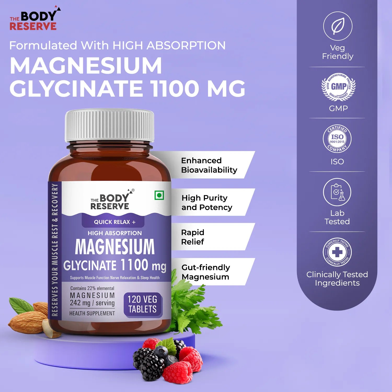 The Body Reserve Magnesium Glycinate Supplement - 120 Veg Tablets, 1100mg Per Serving, High Absorption Chelated Form - Supports Muscle & Nerve Health, Promotes Relaxation for Men & Women