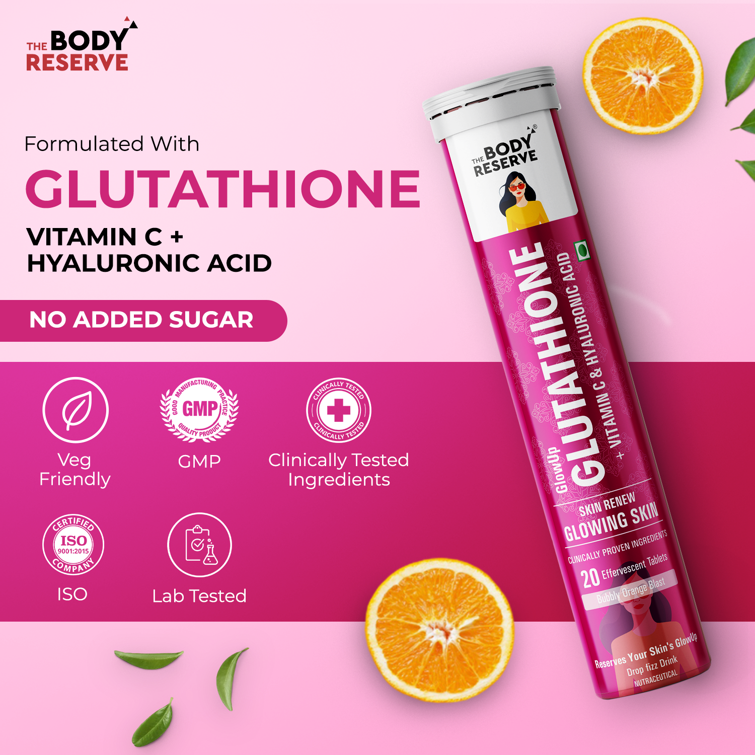 The Body Reserve Glutathione Tablets For Glowing Skin 20 Effervescent Tablets Supplement With 500mg L-Glutathione, Vitamin C & Hyaluronic Acid, Antioxidant & Skin Glow Supplement For Clear Skin, No Added Sugar, Orange Flavour, 1 count