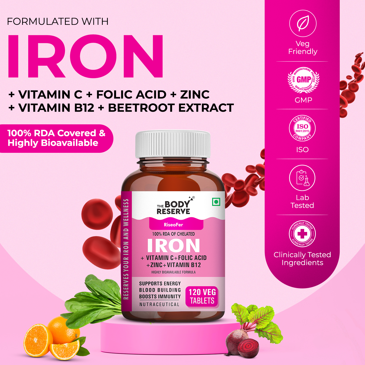The Body Reserve Chelated Iron + Vitamin C Tablets - 120 Veg Tablets with Vitamin B12 , Zinc, Folic Acid,  Beetroot Extract - High Absorption, Supports Blood Building, Energy & Immunity, 100% RDA