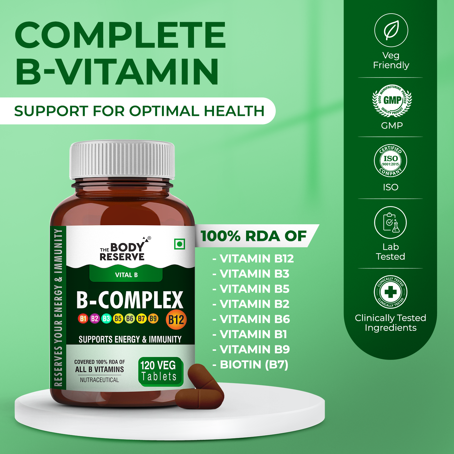 The Body Reserve Vitamin B Complex Tablets- 120 Veg Tablets 100% RDA Of Vitamin B1, B2, B3, B5, B6, B7, B9 & B12, Vitamin B Complex Supplements For Women & Men (4 MONTHS SUPPLY PACK)