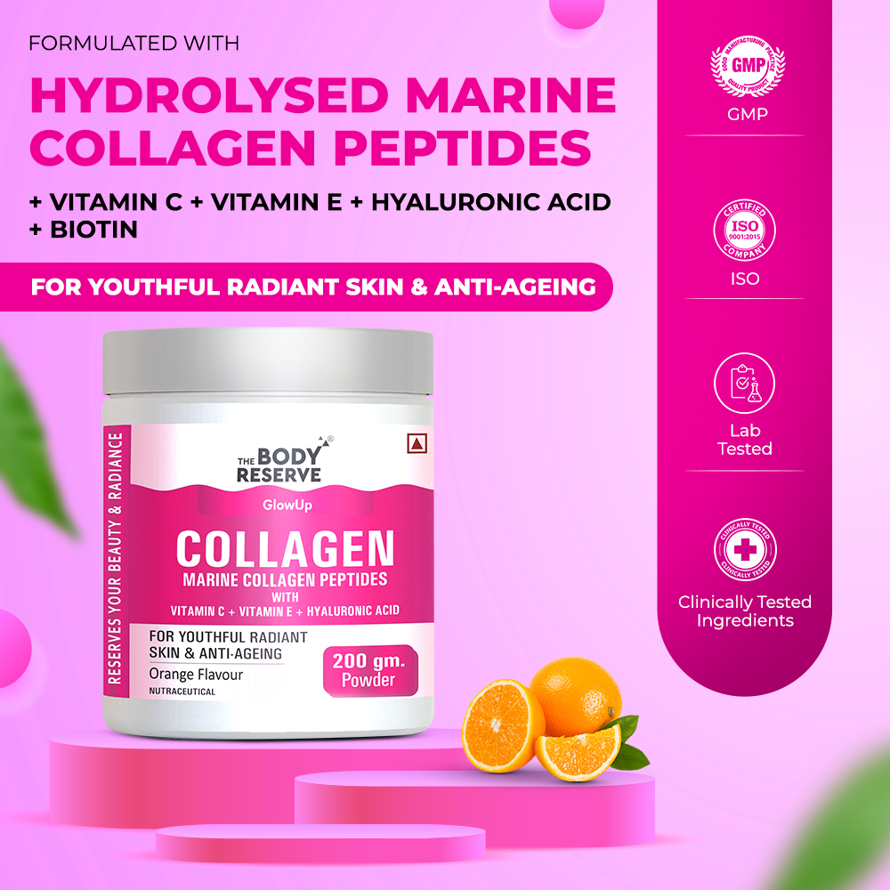 The Body Reserve Marine Collagen Supplement For Men, Women (Orange - 200g) With Sodium Hyaluronate, Vitamin C, E & Biotin, High Absorption Marine Collagen Peptides For Healthy Skin, Hair & Nails, powder,1 count,25 Servings