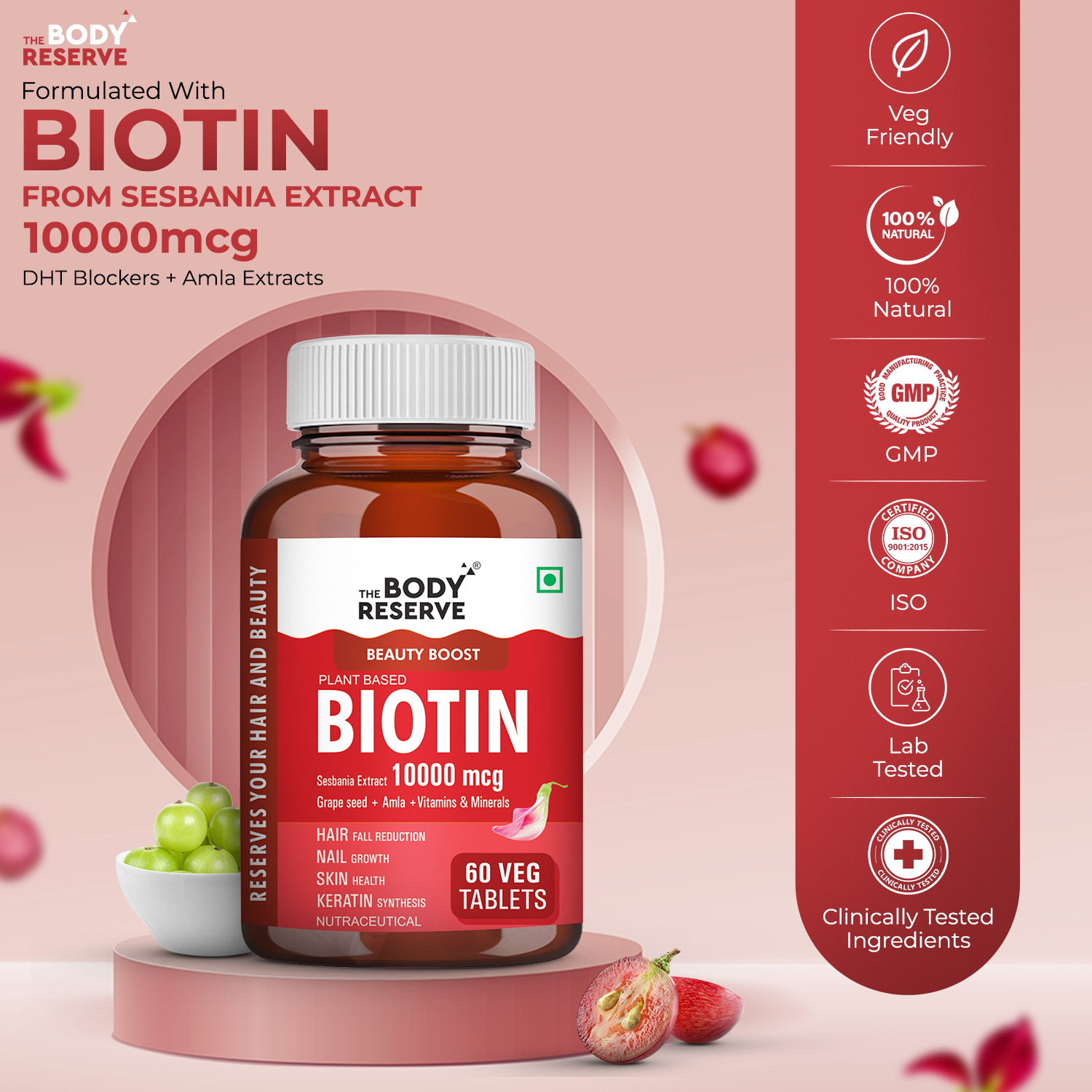 The Body Reserve Biotin 10000mcg Tablets -60 Veg Tablets, Biotin Tablets For Hair Growth, Skin & Nails, Hair Vitamins  Biotin Supplement For Men & Women  2 Month’s Supply Pack