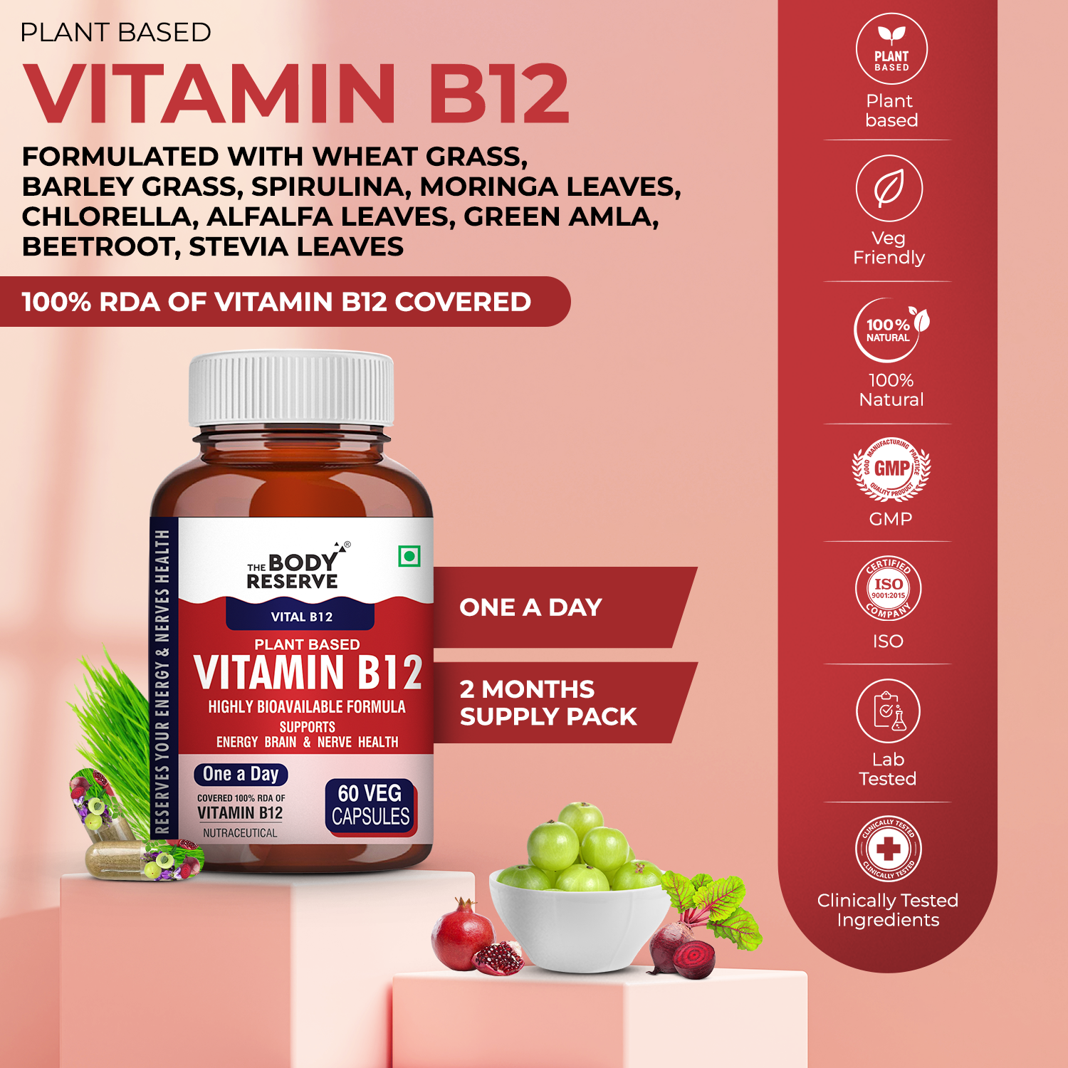 The Body Reserve Plant Based Vitamin B12 Supplement For Men & Women 60 Capsules  Organic Vitamin B12 For Nerve And Brain Health Vegan Capsules, Daily One 60 Days Pack
