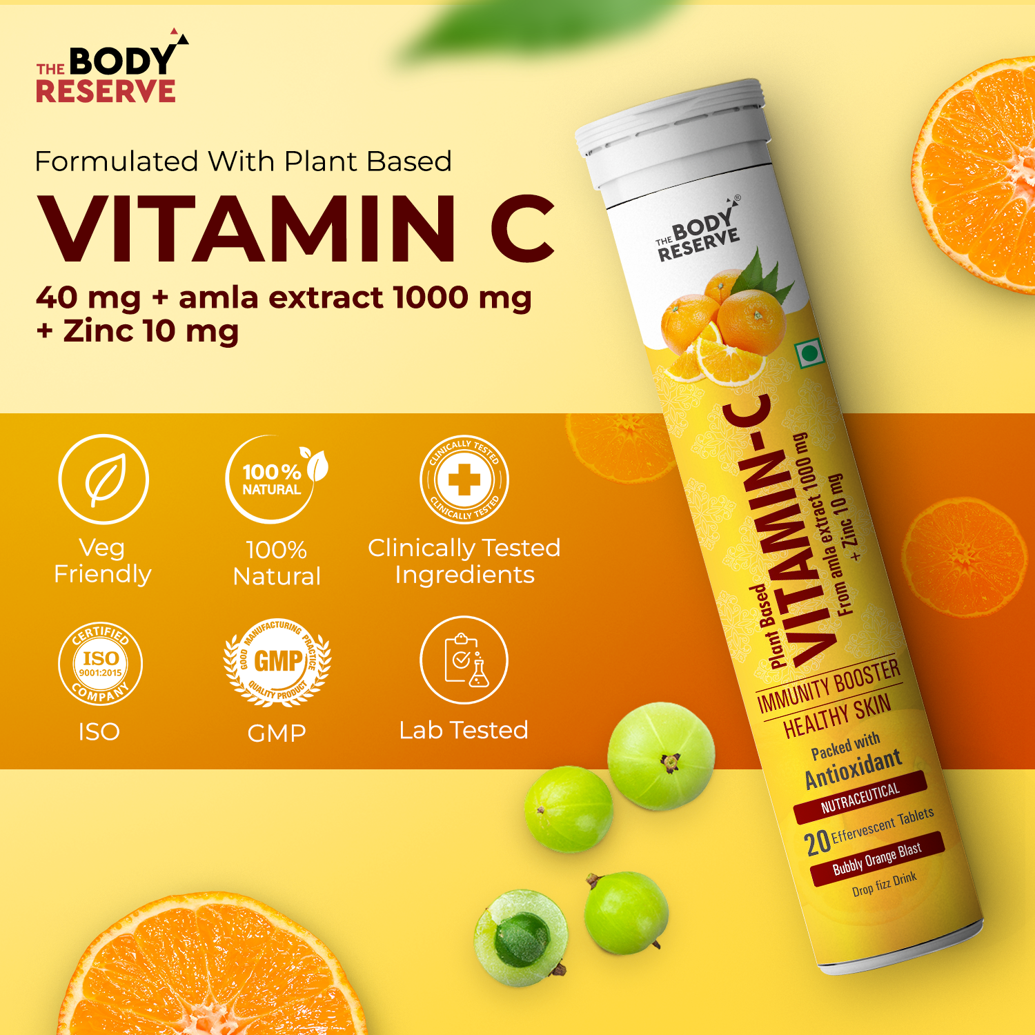 The Body Reserve Natural Vitamin C, Amla Extract With Zinc For Immunity, Skin Care,      Antioxidants & Energy Boost, Orange Flavour 20 Effervescent Tablets (Pack Of 3)