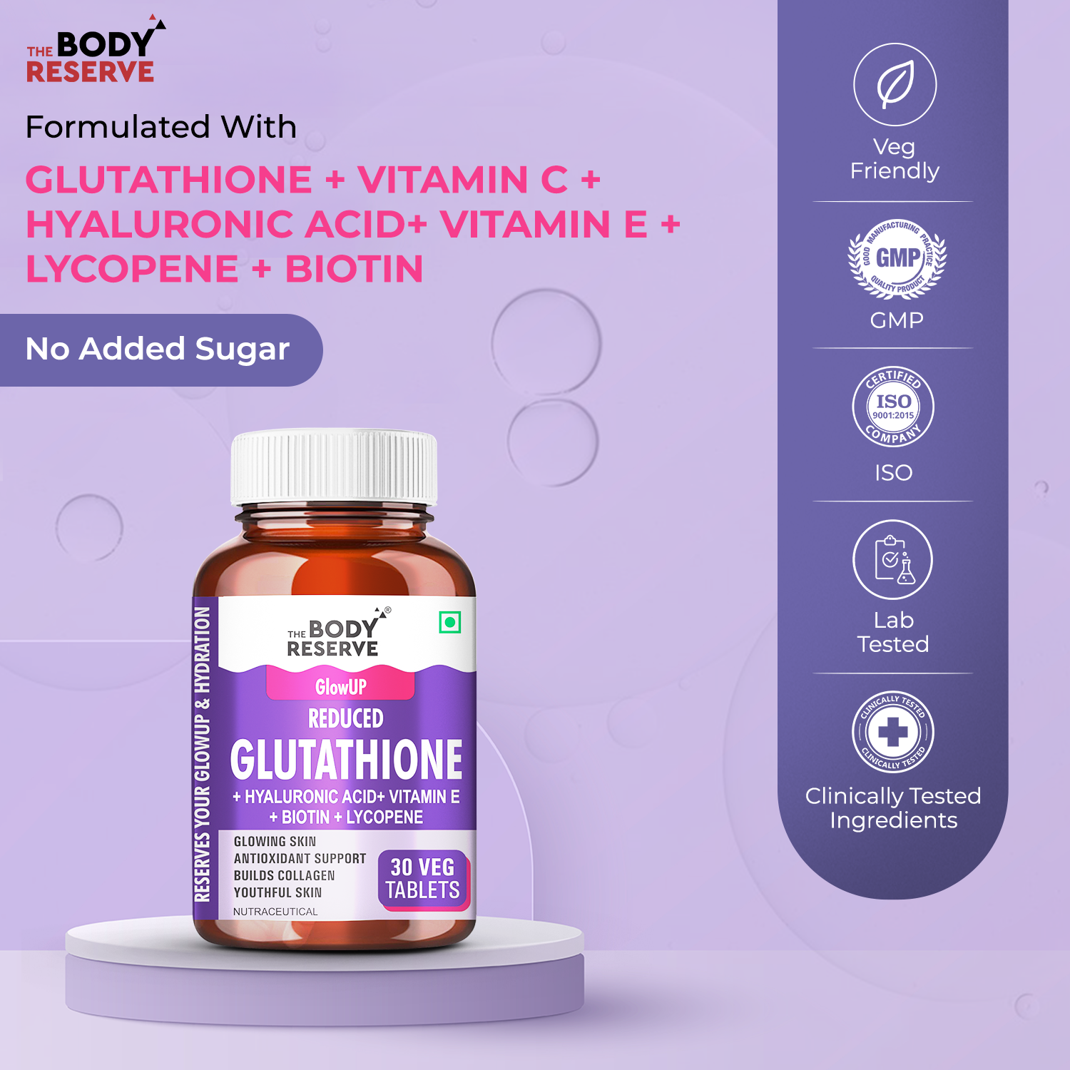 The Body Reserve Japanese L-Glutathione Tablets 500mg for Skin Glow With Hyaluronic Acid, Vitamin E, Lycopene & Biotin, Supports Collagen Production - 30 Tablets Sugar-Free Pack of 1