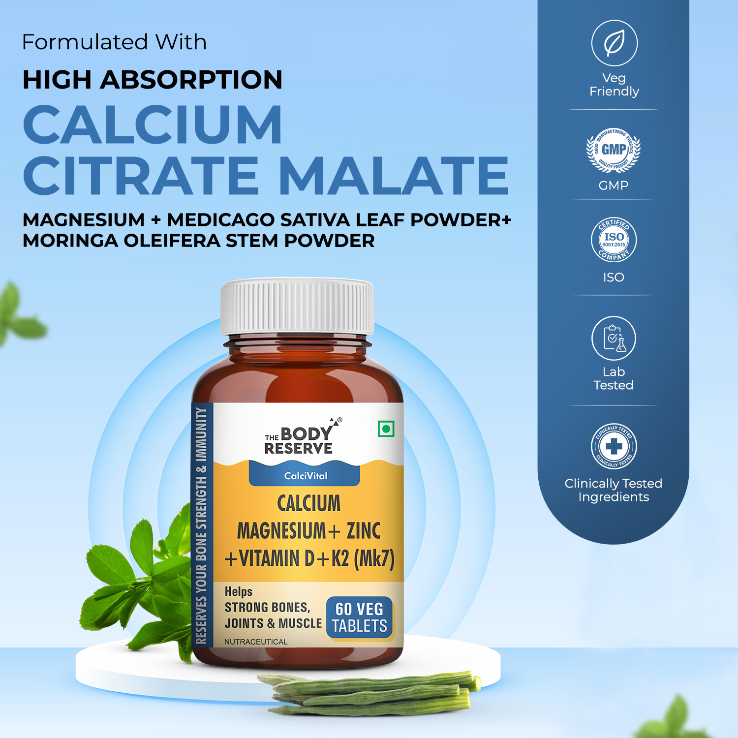 The Body Reserve Calcium Tablets For Women & Men- 60 Tablets, Calcium Magnesium & Zinc Supplements For Man With Calcium Citrate, Vitamin K2, MK7 & Vitamin B12 To Support Joints And Bone Health