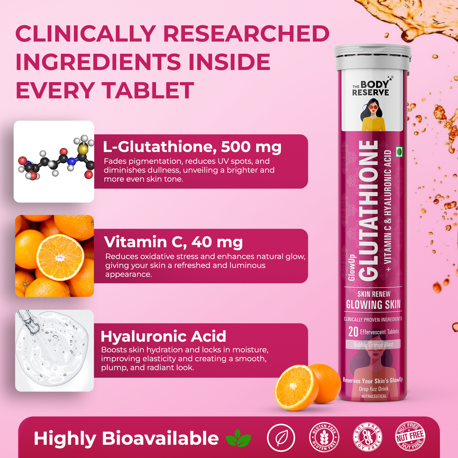 The Body Reserve Glutathione Tablets For Glowing Skin 20 Effervescent Tablets Supplement With 500mg L-Glutathione, Vitamin C & Hyaluronic Acid, Antioxidant & Skin Glow Supplement For Clear Skin, No Added Sugar, Orange Flavour, 1 count