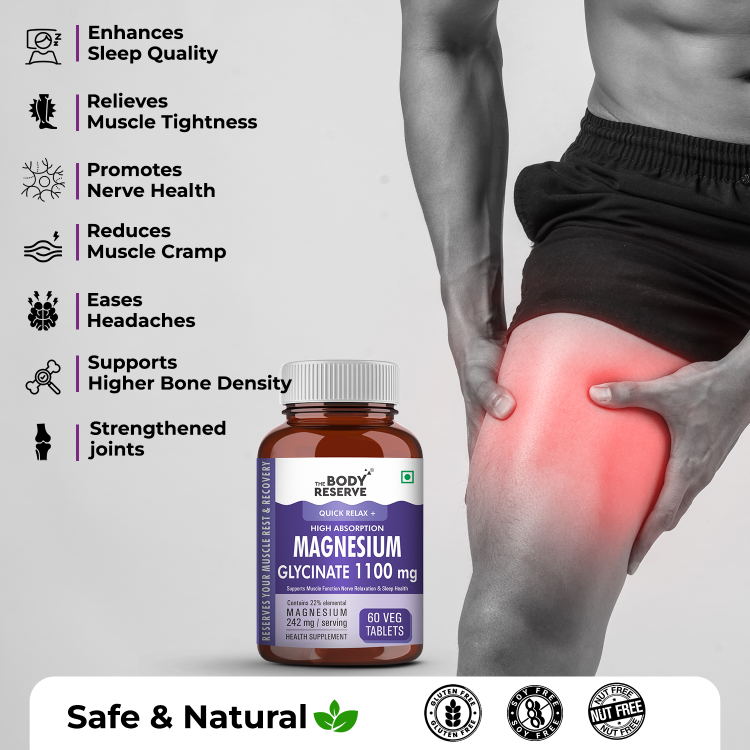 The Body Reserve Magnesium Glycinate Supplement - 60 Veg Tablets, 1100mg Per Serving, High Absorption Chelated Form - Supports Muscle & Nerve Health, Promotes Relaxation for Men & Women