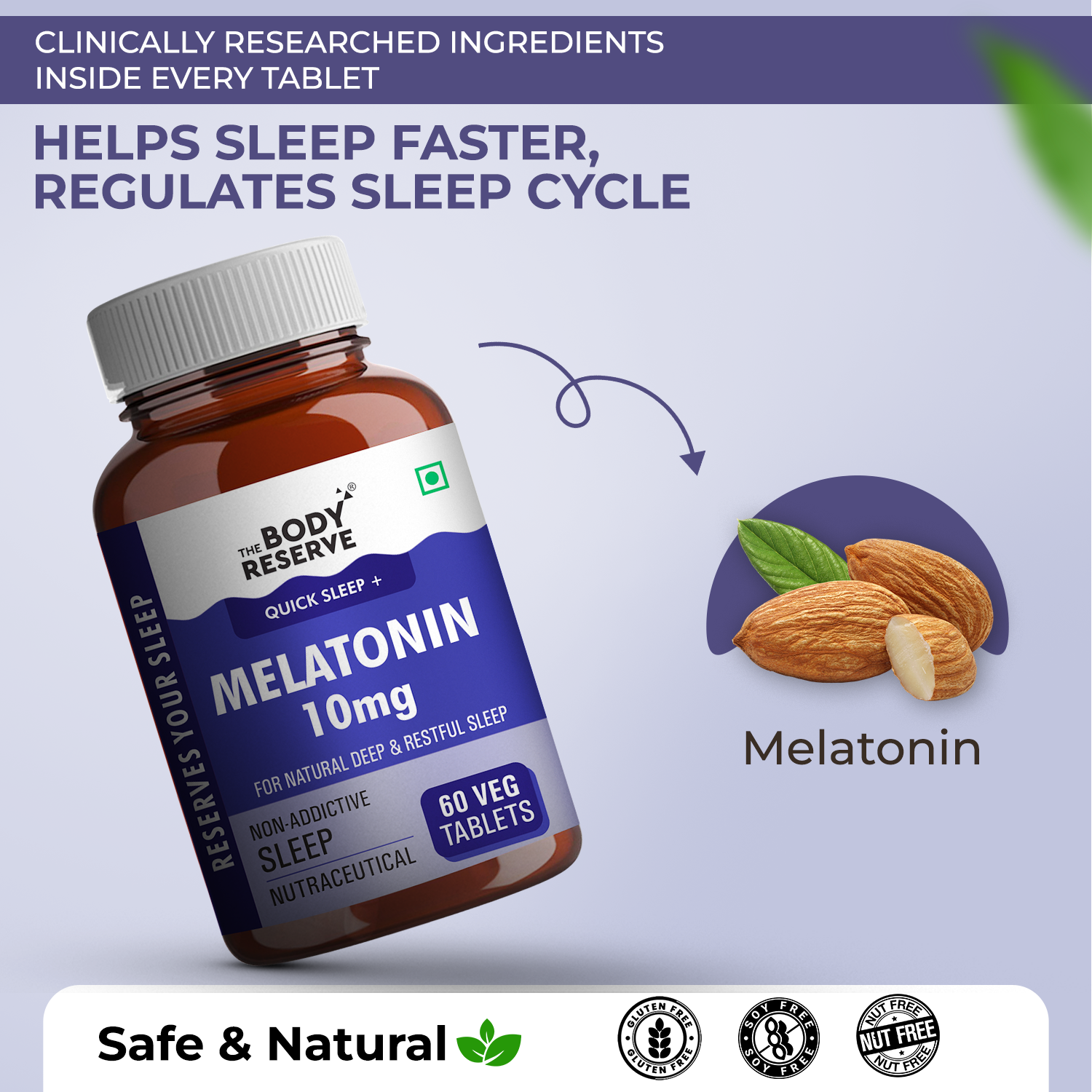 The Body Reserve Melatonin 10mg - 60 Veg Tablets for Natural Sleep Aid, Nerve Relaxation, Muscle Recovery, and Stress Relief - Non-Habit Forming Sleep Aid for Men & Women