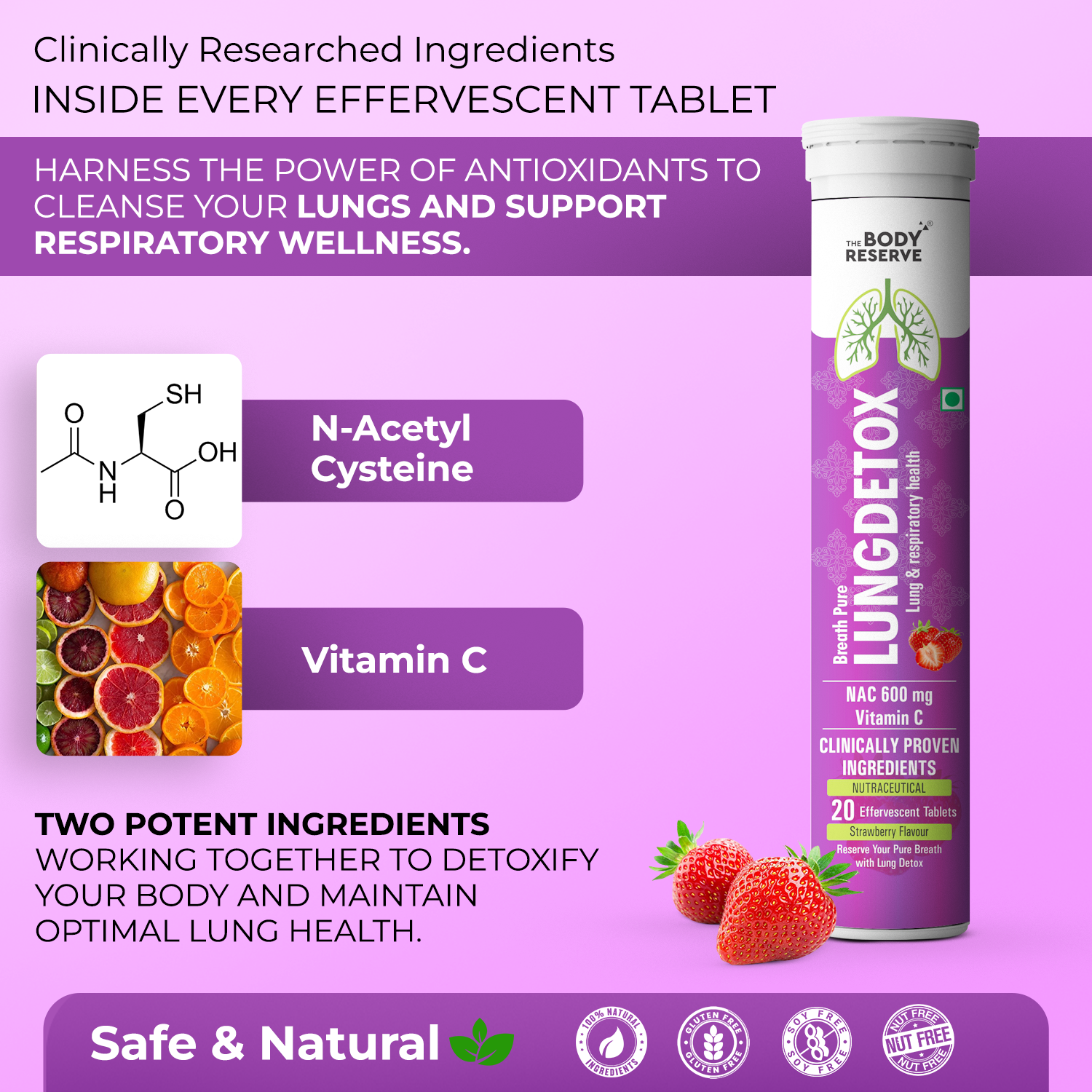 The Body Reserve Lung Detox 20 Effervescent Tablets With N-Acetylcysteine 600mg + Vitamin C – Cleaner Lungs Detoxification & Immune Defence Strawberry Flavour