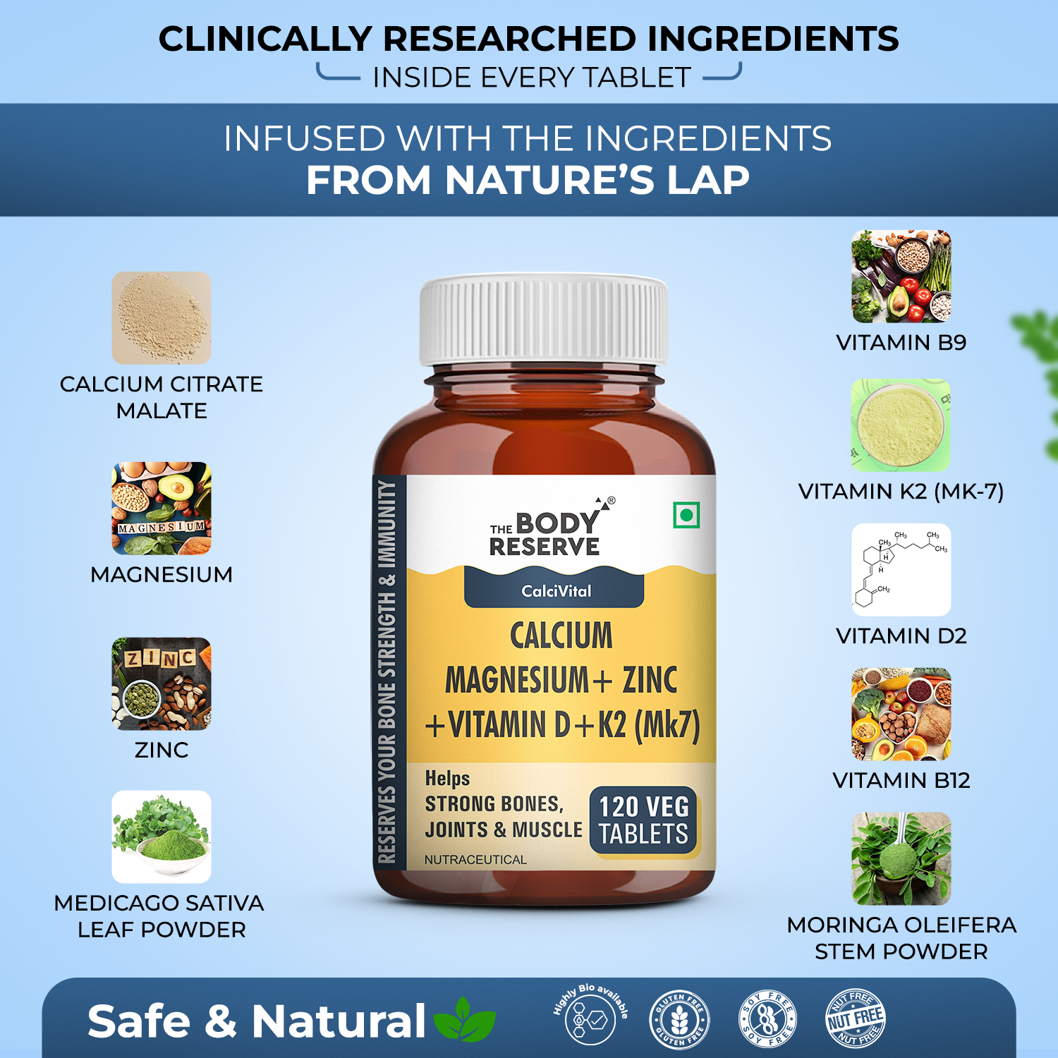 The Body Reserve Calcium, Magnesium, Zinc with Vitamin K2, MK7 & B12 – 120 Tablets for Bone & Joint Health (4-Month Pack)