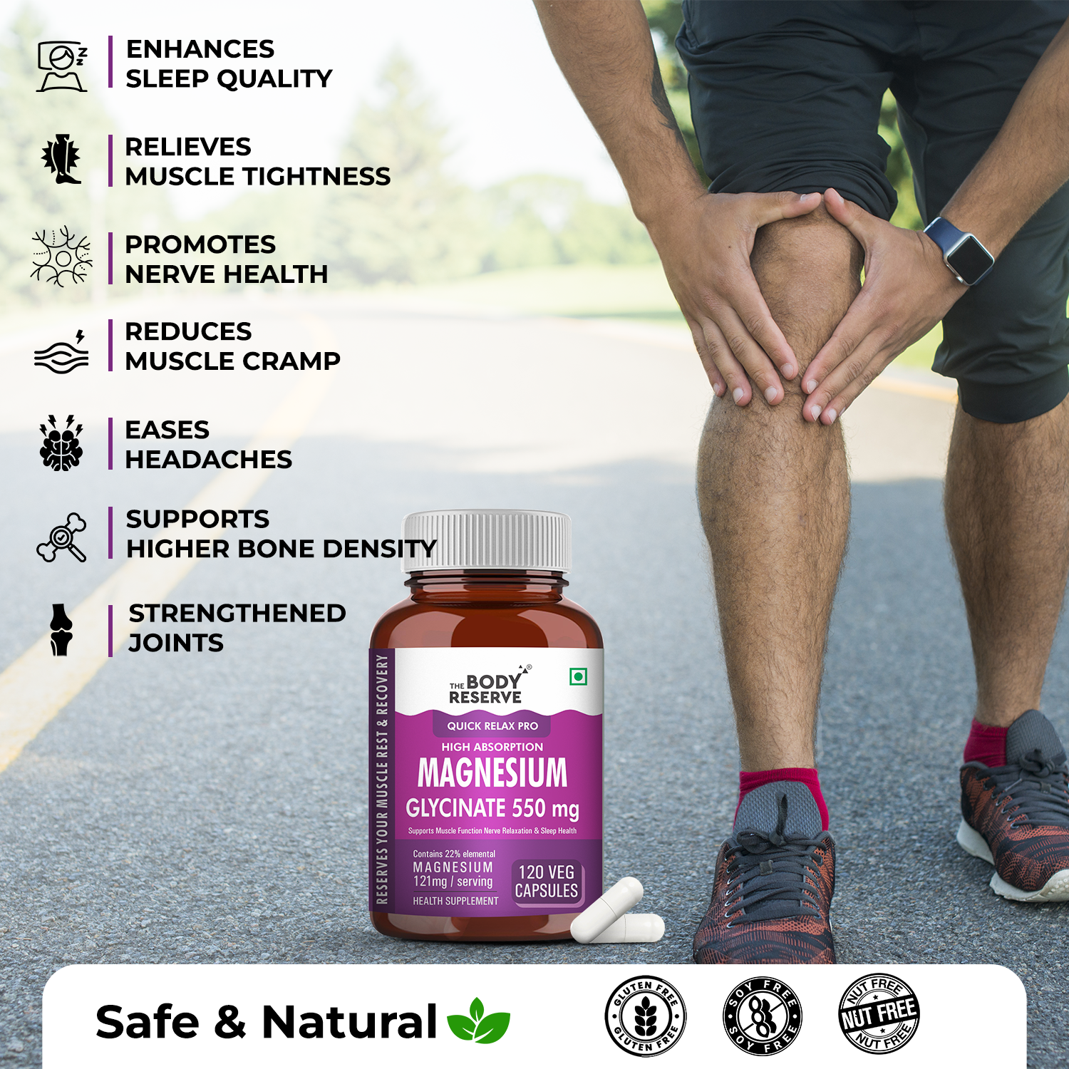 The Body Reserve Magnesium Glycinate Supplement - 120 Veg Tablets, 550mg Per Serving, High Absorption Chelated Form - Supports Muscle & Nerve Health, Promotes Relaxation for Men & Women