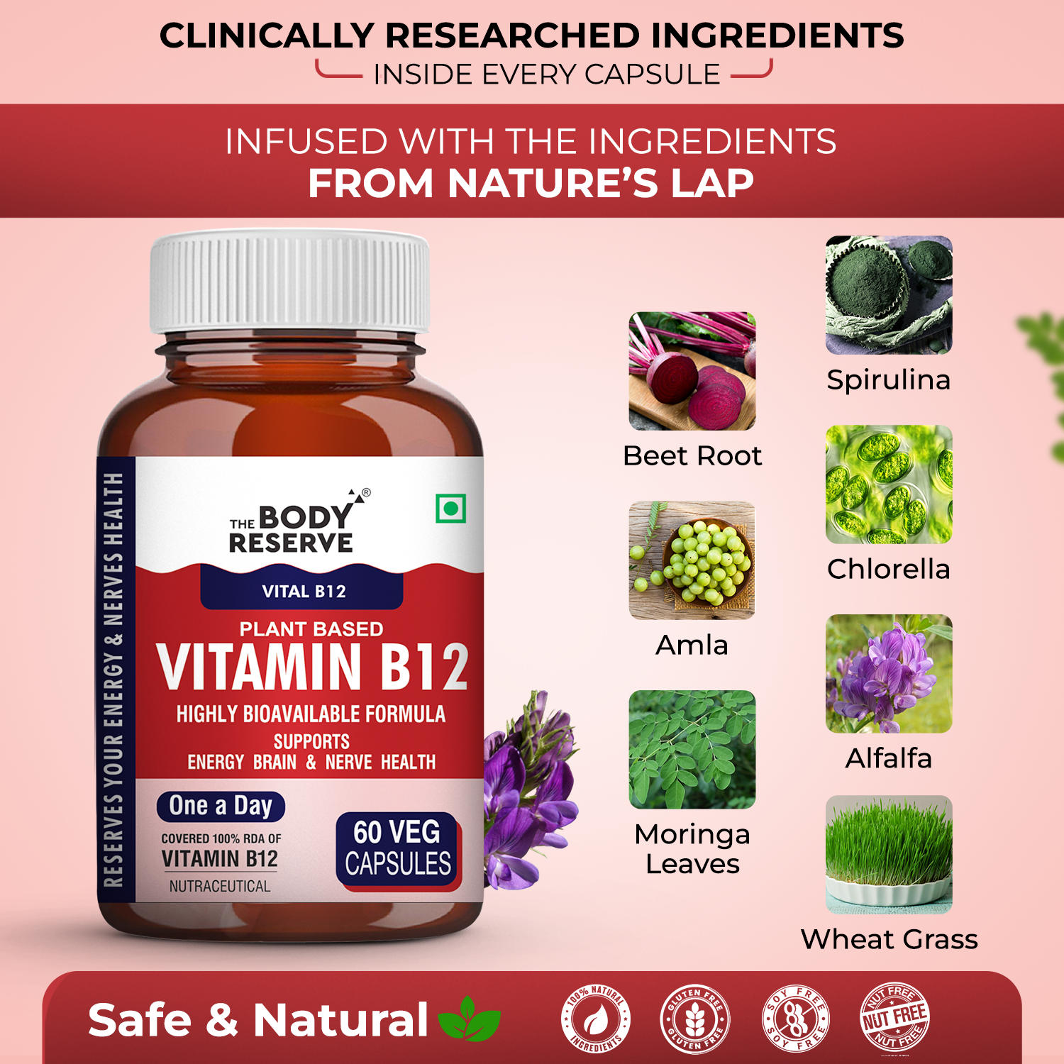 The Body Reserve Plant Based Vitamin B12 Supplement For Men & Women 60 Capsules  Organic Vitamin B12 For Nerve And Brain Health Vegan Capsules, Daily One 60 Days Pack