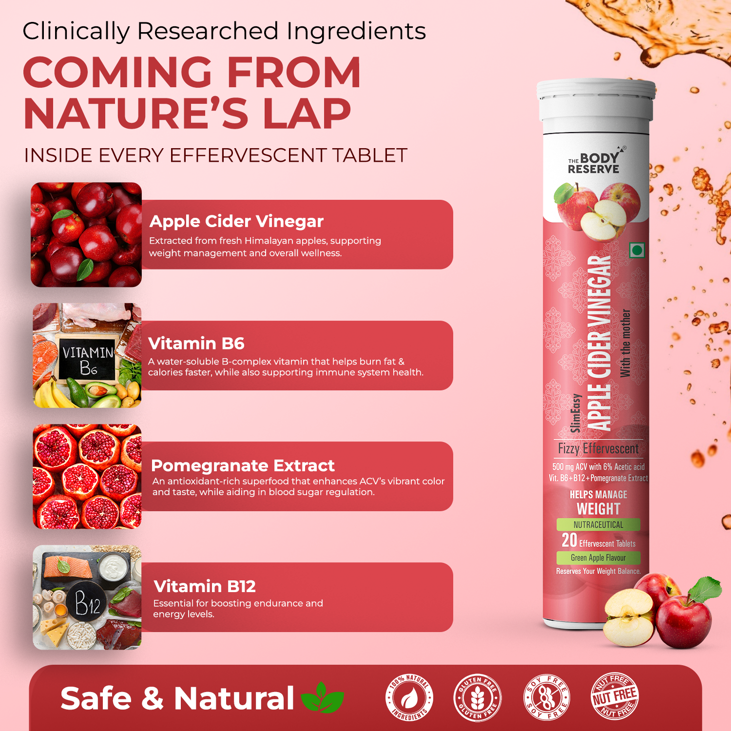 The Body Reserve Apple Cider Vinegar | 40 Effervescent Tablets, Pack Of 6 (Apple Flavour)