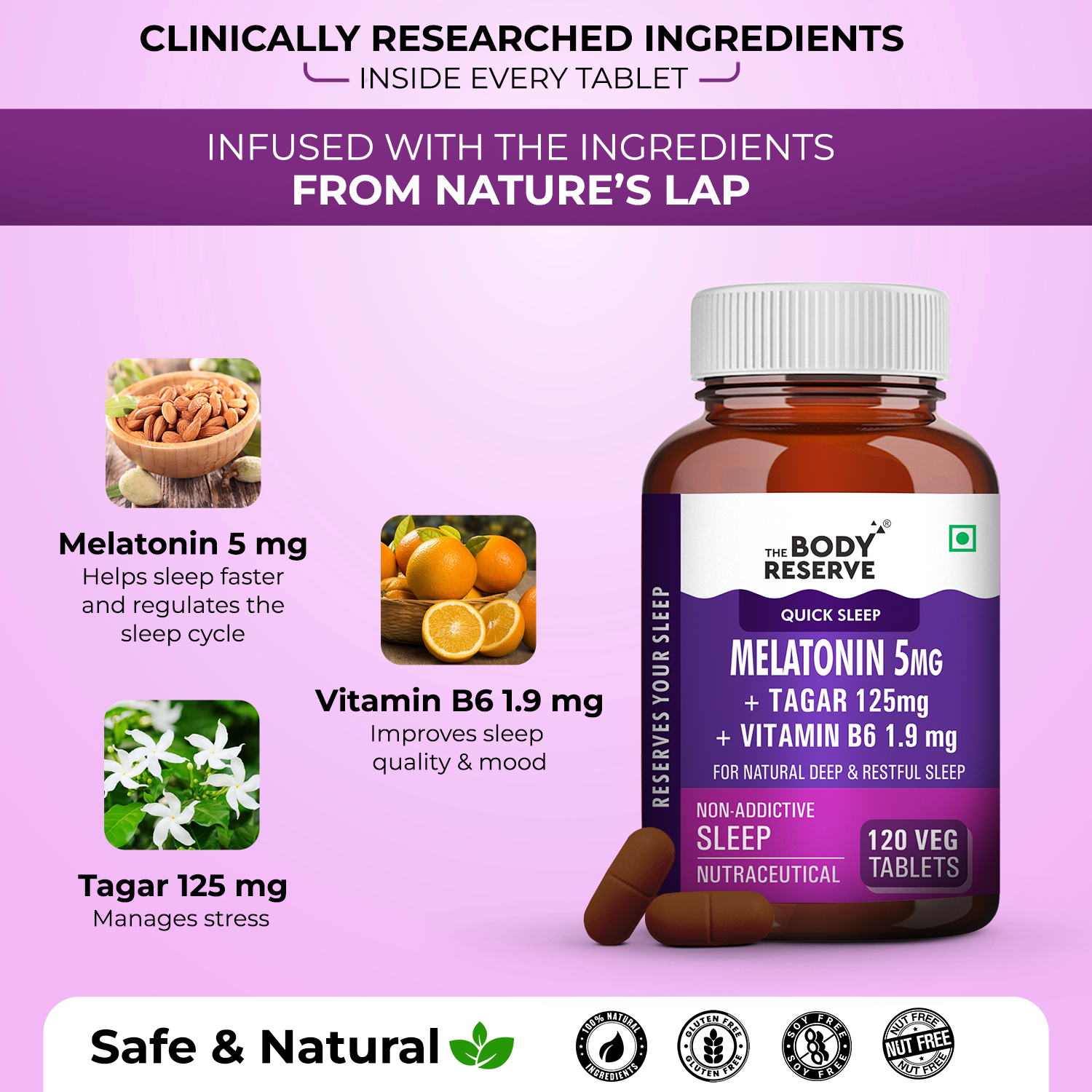 The Body Reserve Melatonin 5mg with Tagar 125mg - 120 Veg Tablets for Natural Sleep Aid, Muscle Recovery, Nerve Relaxation, and Stress Relief - Non-Habit Forming Sleep Aid for Men & Women
