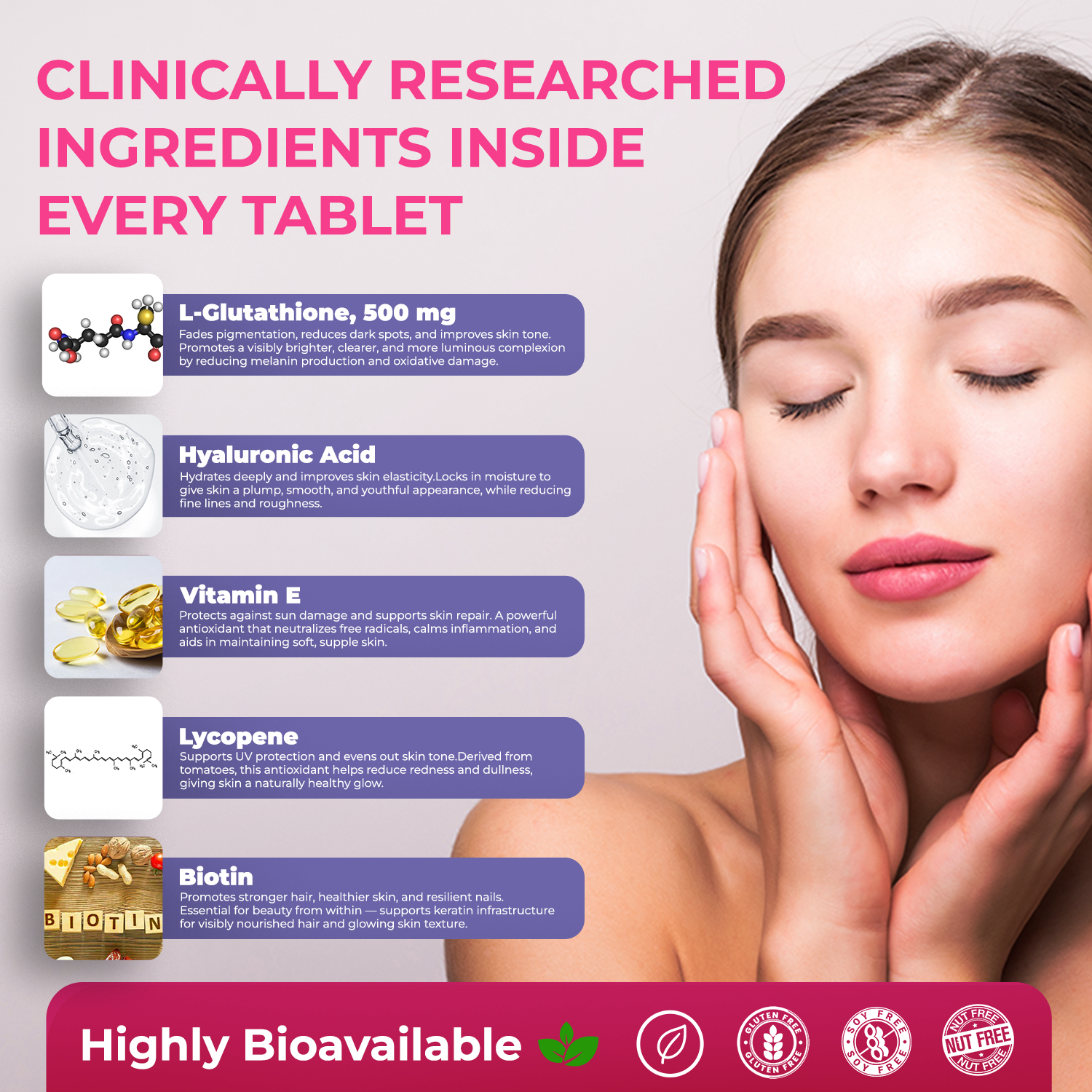 The Body Reserve Japanese L-Glutathione Tablets 500mg for Skin Glow With Hyaluronic Acid, Vitamin E, Lycopene & Biotin, Supports Collagen Production - 30 Tablets Sugar-Free Pack of 1