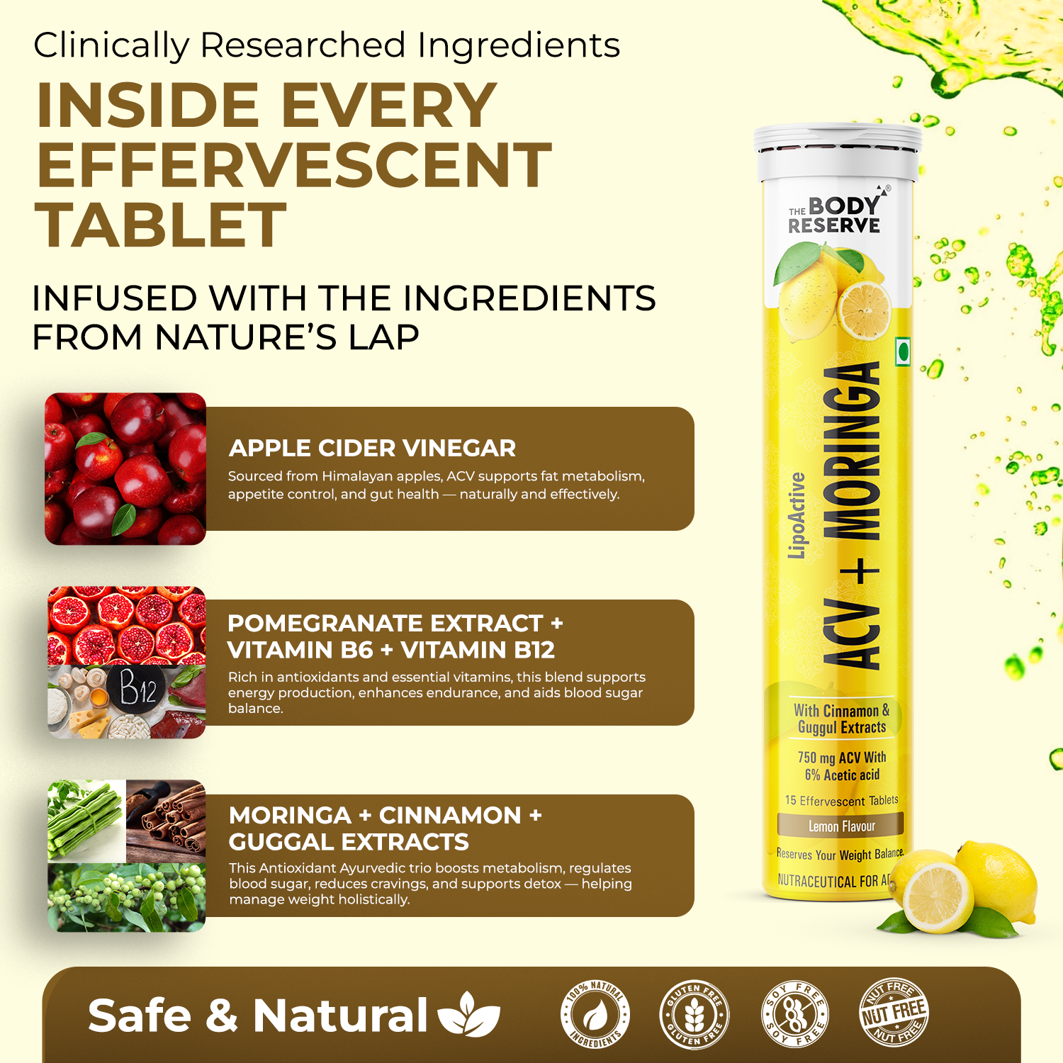 THE BODY RESERVE ACV Moringa effervescent (lemon)To Control Cravings,Apple Cider Vinegar,cinnamon  (15 Tablets)