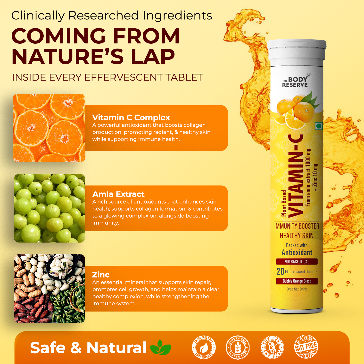 The Body Reserve Natural Vitamin C, Amla Extract With Zinc For Immunity, Skin Care,      Antioxidants & Energy Boost, Orange Flavour 20 Effervescent Tablets (Pack Of 3)