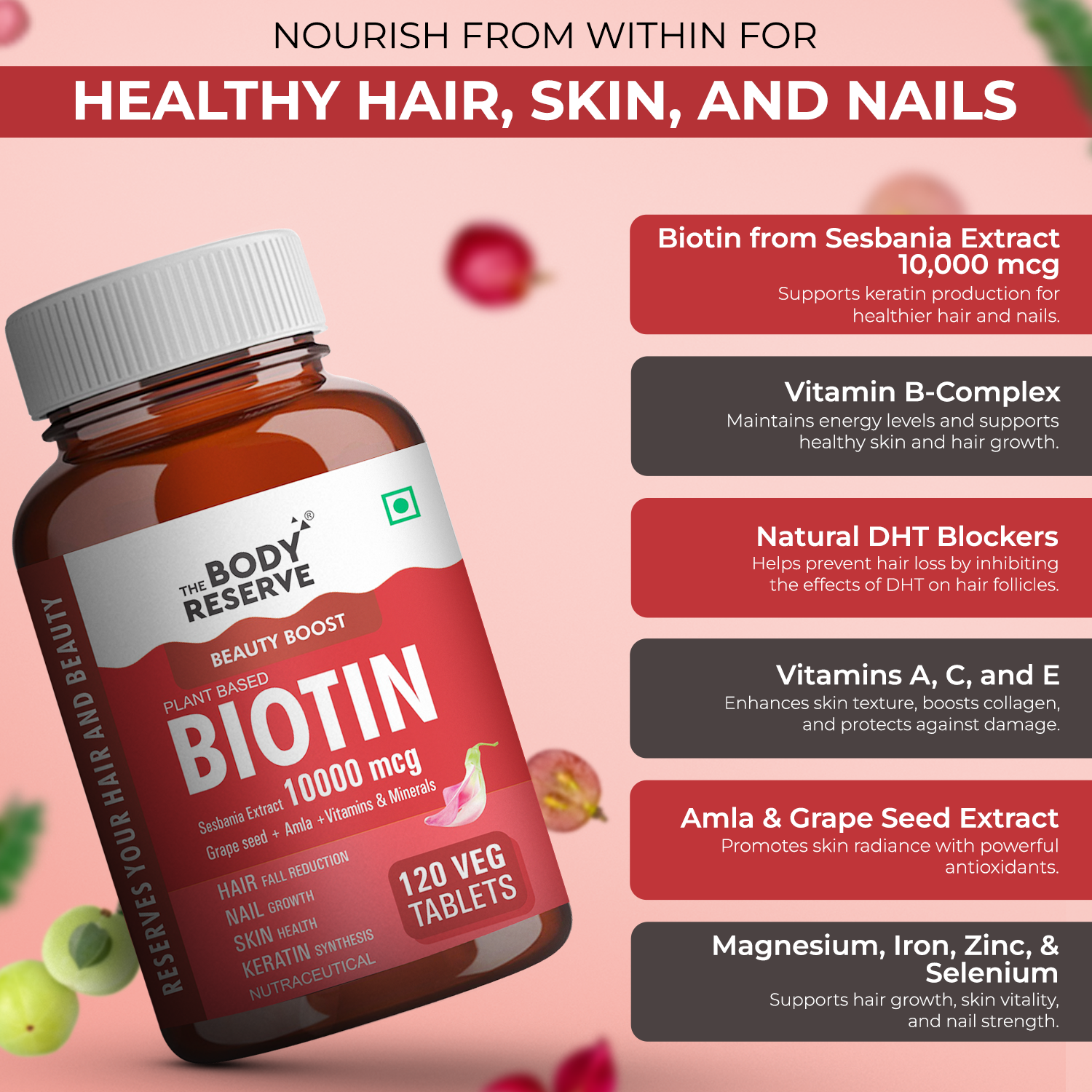 The Body Reserve Plant-Based Biotin Tablets - 120 Veg Tablets, 10,000 mcg Biotin from Sesbania Extract with Amla, Grapeseed & Hair Multivitamins - Biotin for Hair Growth, Strong Hair, Glowing Skin & Nails - For Men & Women