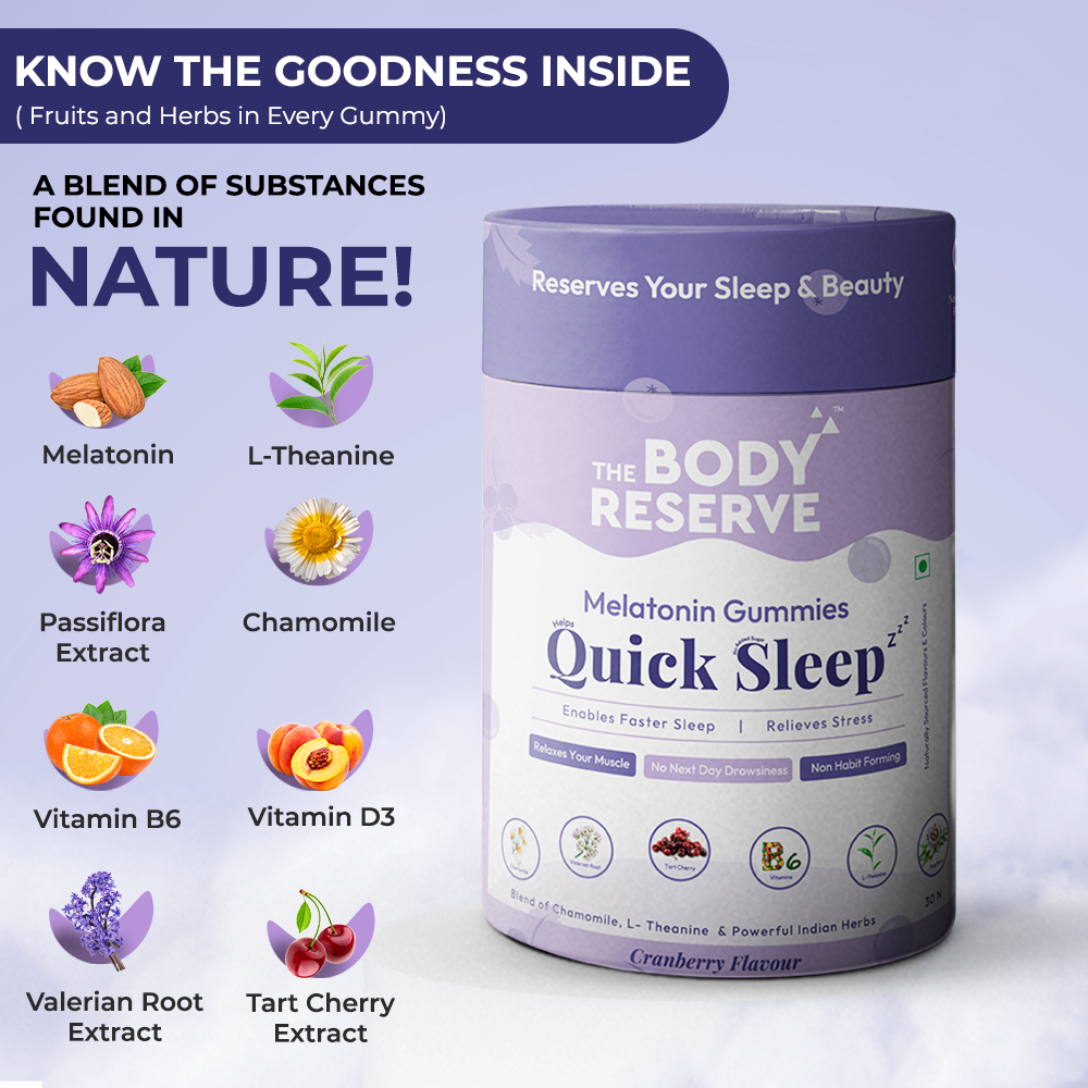 The Body Reserve Quick Sleep Melatonin Gummies for Unisex Natural Sleep Aid for Muscle Recovery Nerve & Relieves Stress Vegan Gluten-Free Pack of 2